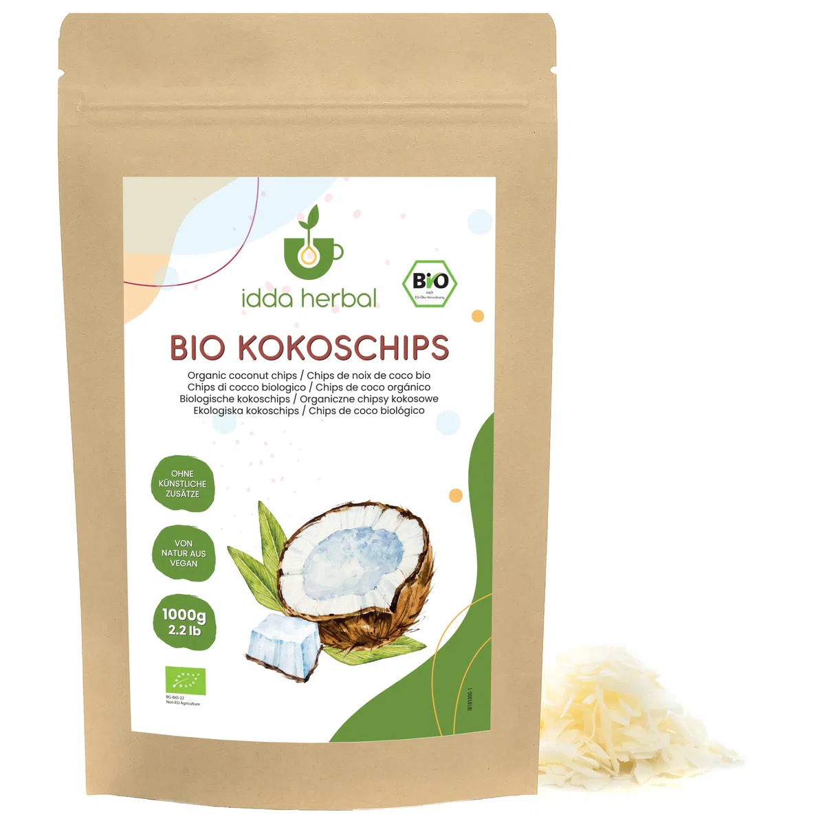 IDDA Herbal Scaglie di Cocco BIO 1kg, Scaglie di Cocco senza Zucchero, Snack Cheto