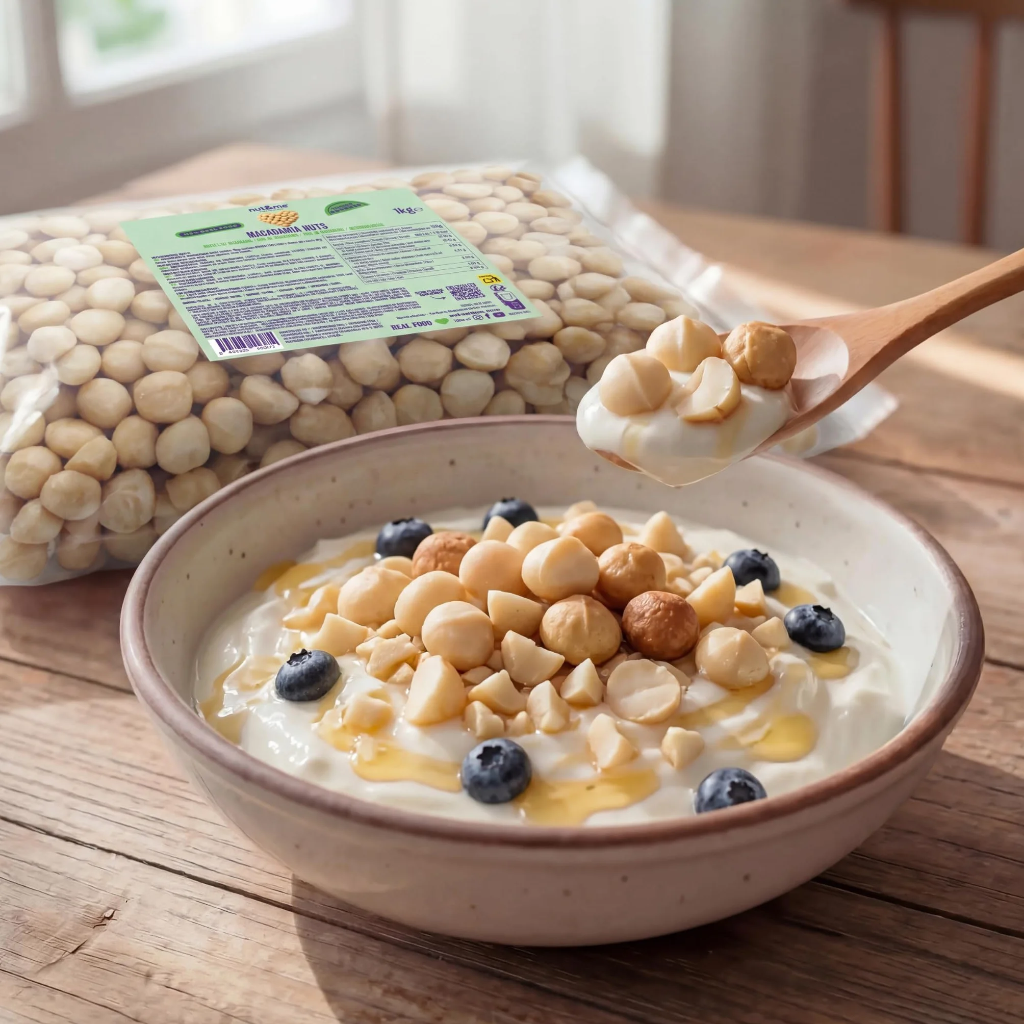 nut&me Noci di Macadamia 1 Kg | Noci Macadamia Intere Sgusciate | Senza Glutine né Additivi | Ideali per Snack, Pasticceria, Granola, Insalate e Ricette Dolci