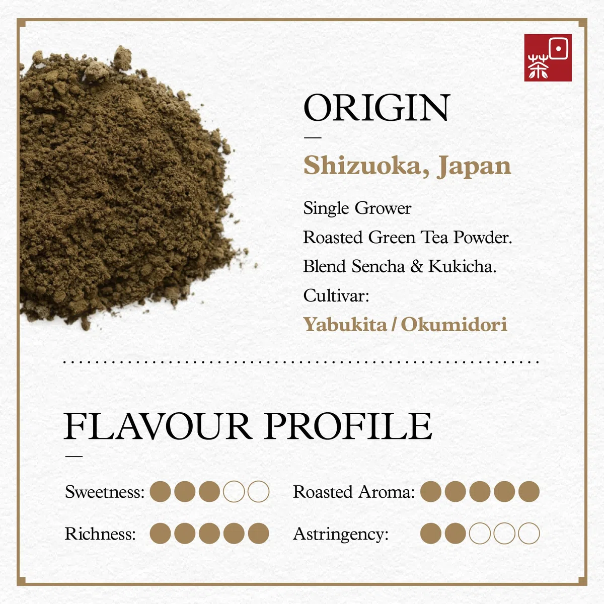 Ocha & Co. Polvere di Hojicha Biologico - Tè Verde Giapponese Tostato per Latte - Miscela di Kukicha e Sencha - Gusto Dolce e Affumicato - Basso Contenuto di Caffeina - 100g