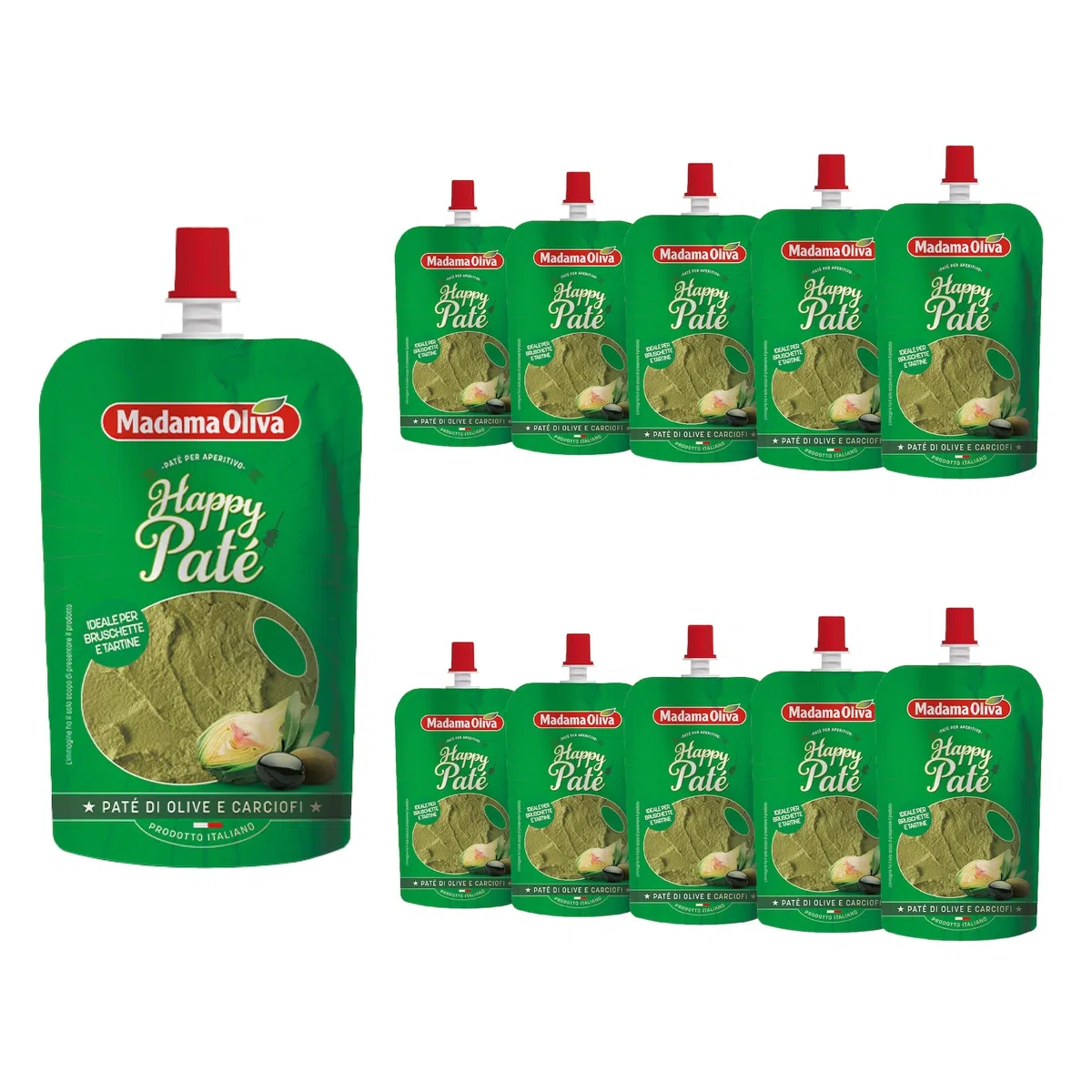 MADAMA OLIVA, Paté di Olive e Carciofi, Ottimo da Spalmare su Crostini Caldi, per Accompagnare Aperitivi e Farcire Bruschette, 100% Made in Italy, 10 Buste Squeeze 110 gr