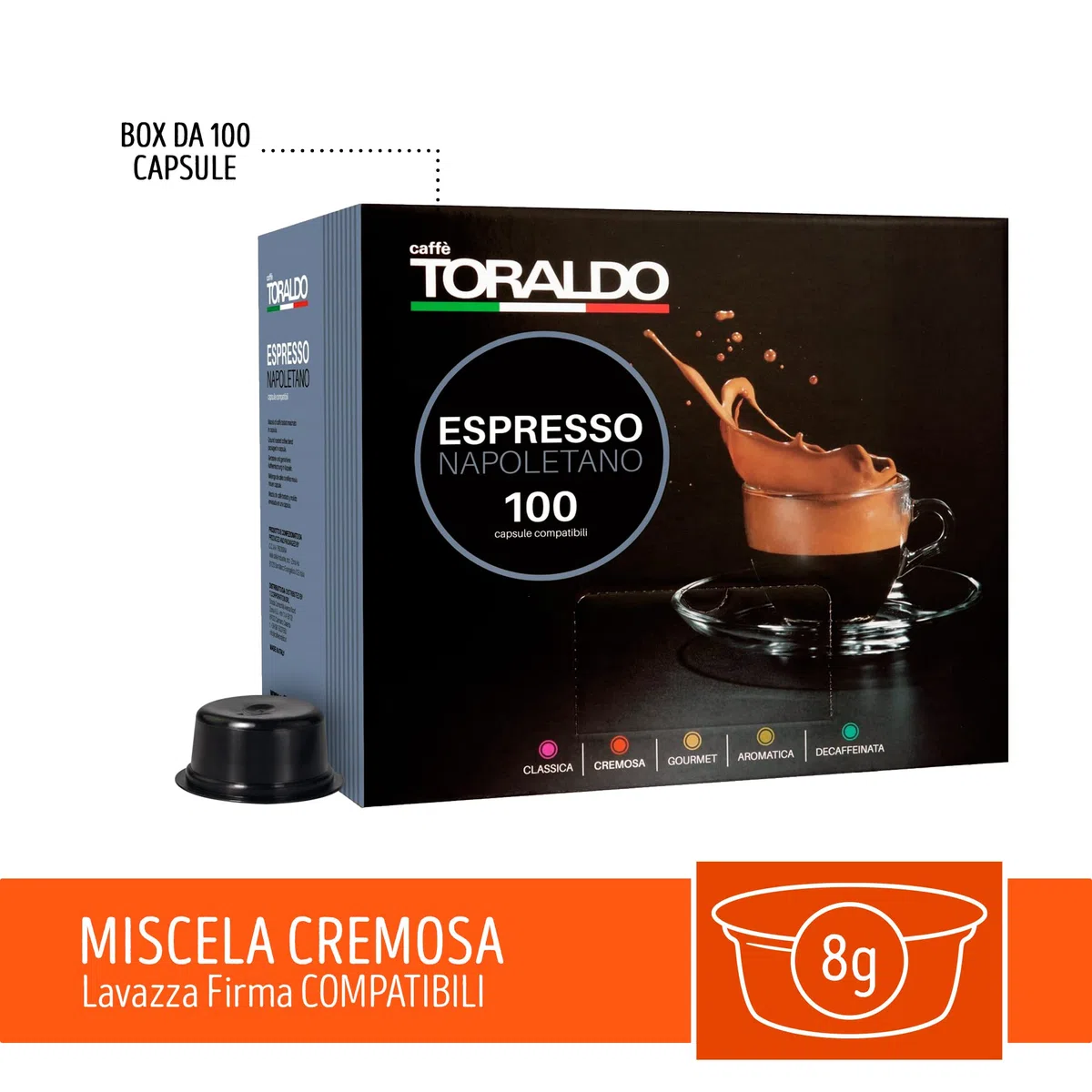 CAFFÈ TORALDO | Compatibile Firma* | Caffè Selezionato, Tostato e Torrefatto in Italia | Eccellenza del Caffè Napoletano (100 Capsule, Miscela Cremosa)