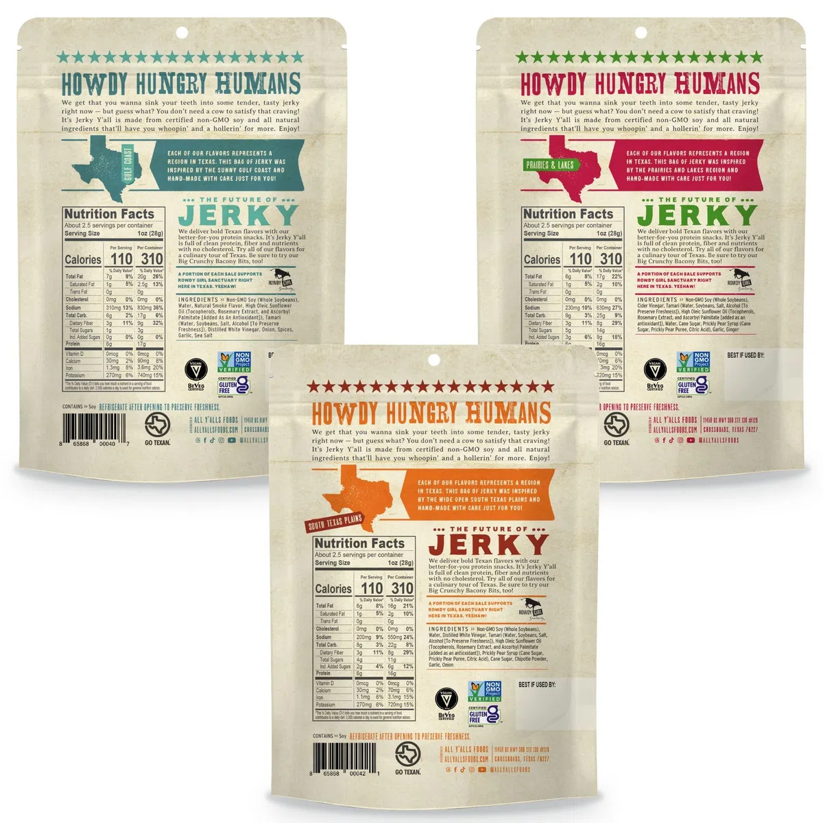 It’s Jerky Y’all Confezione Jerky Vegetale 3 Gusti – Snack Proteico di Soia Vegano nei Gusti Prickly Pear Chipotle, Black Pepper & Sea Salt e Prickly Pear Teriyaki – Vegan, Senza Glutine, Non-GMO
