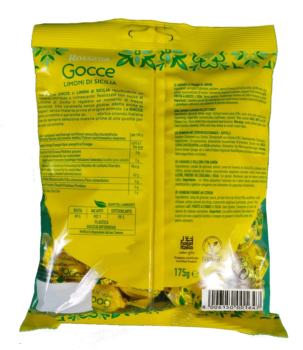Rossana Gocce Limoni di Sicilia Caramelle Ripiene con Succo di Limone Senza Glutine (Gluten Free) Vegan 175g [BOX da 10 Confezioni]