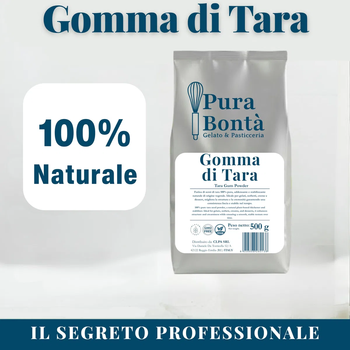 PURA BONTÀ Gomma di Tara in Polvere 500 g | Addensante e Stabilizzante 100% Naturale | Ideale per Gelato Cremoso Senza Ghiaccio | Vegano, Senza Glutine | Farina di Semi di Tara Confezionato in Italia