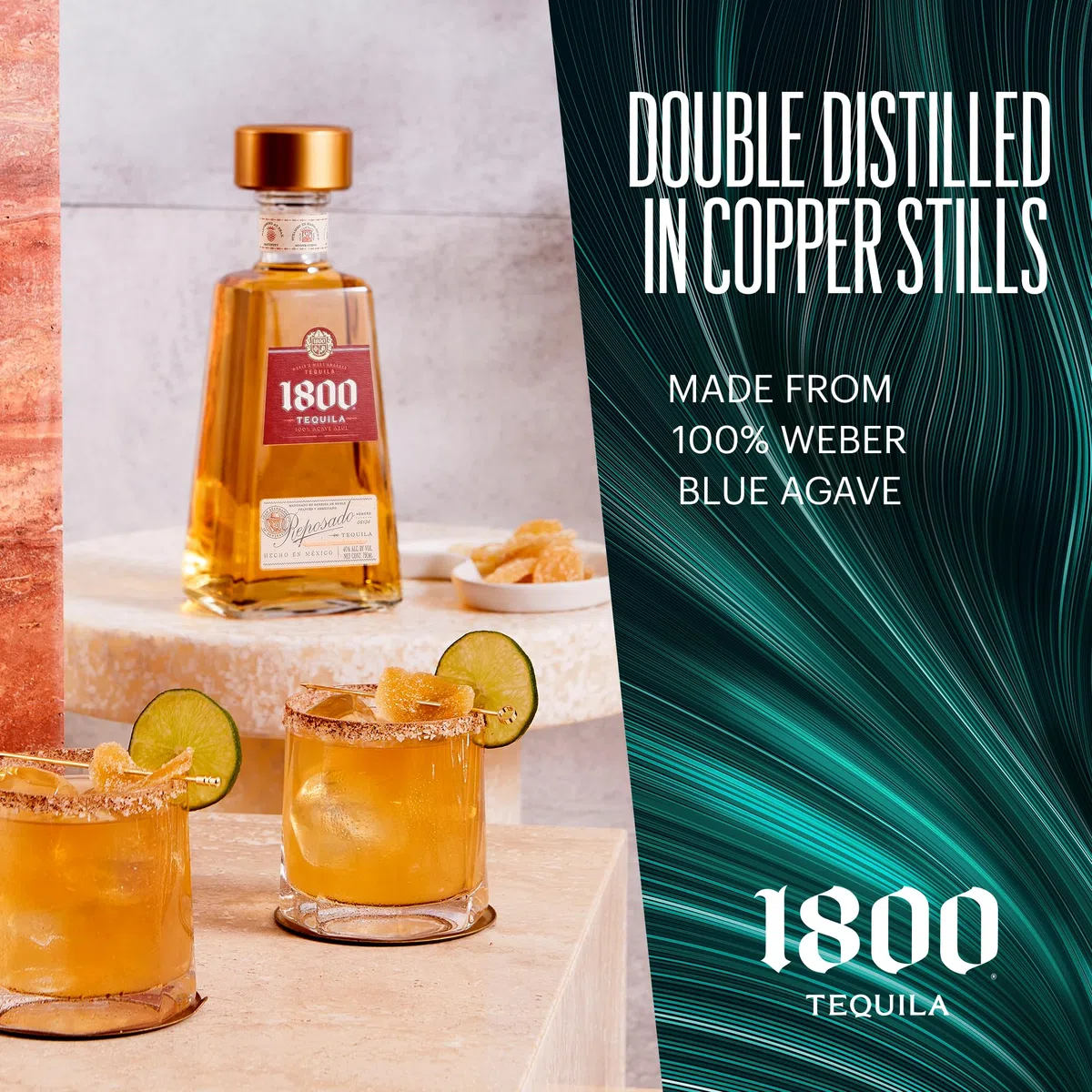 1800 Reposado 70cl - Tequila premium 100% Blue Agave invecchiato in botte. Note di caramello e spezie. 38% vol.