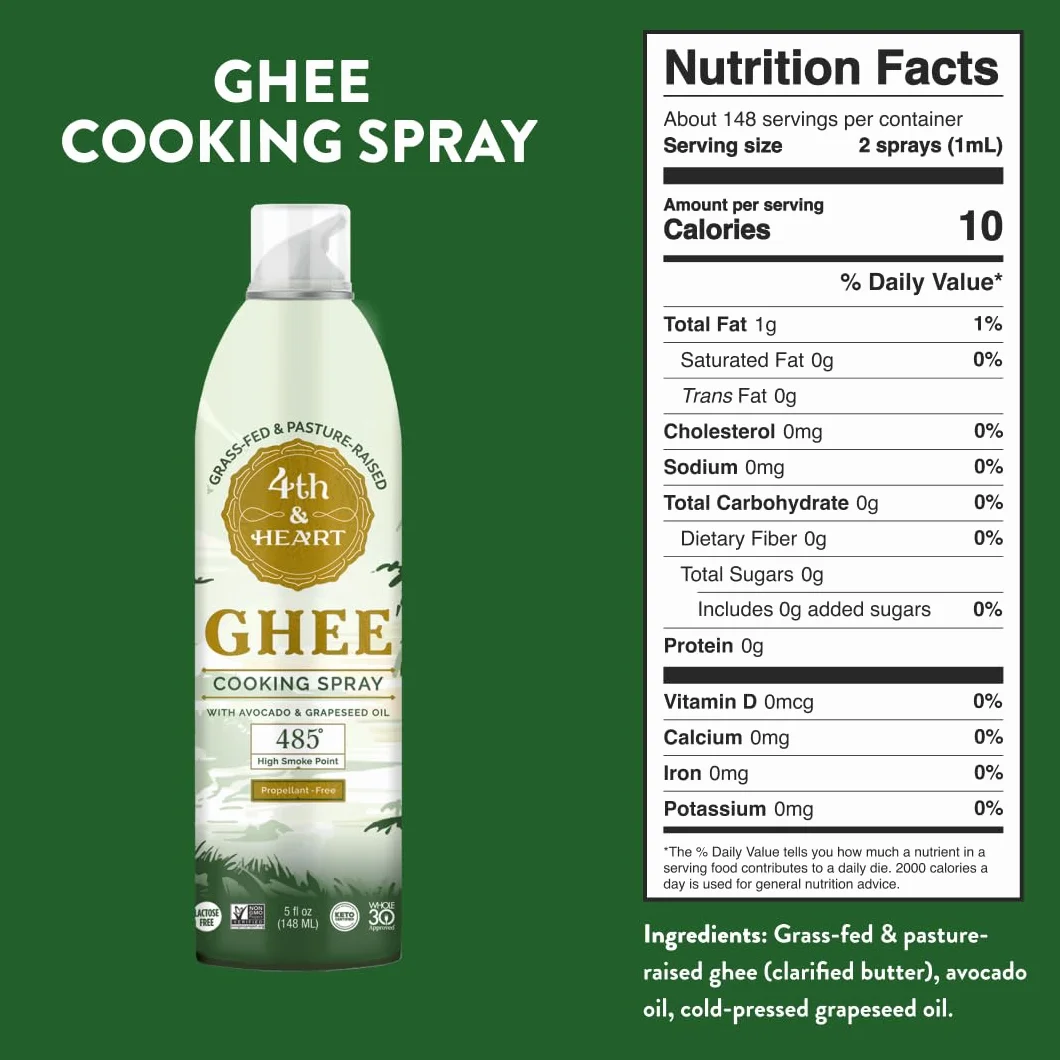 4th & Heart Spray da cucina Ghee, olio spray antiaderente realizzato con burro chiarificato al pascolo, senza lattosio, 141,7 g