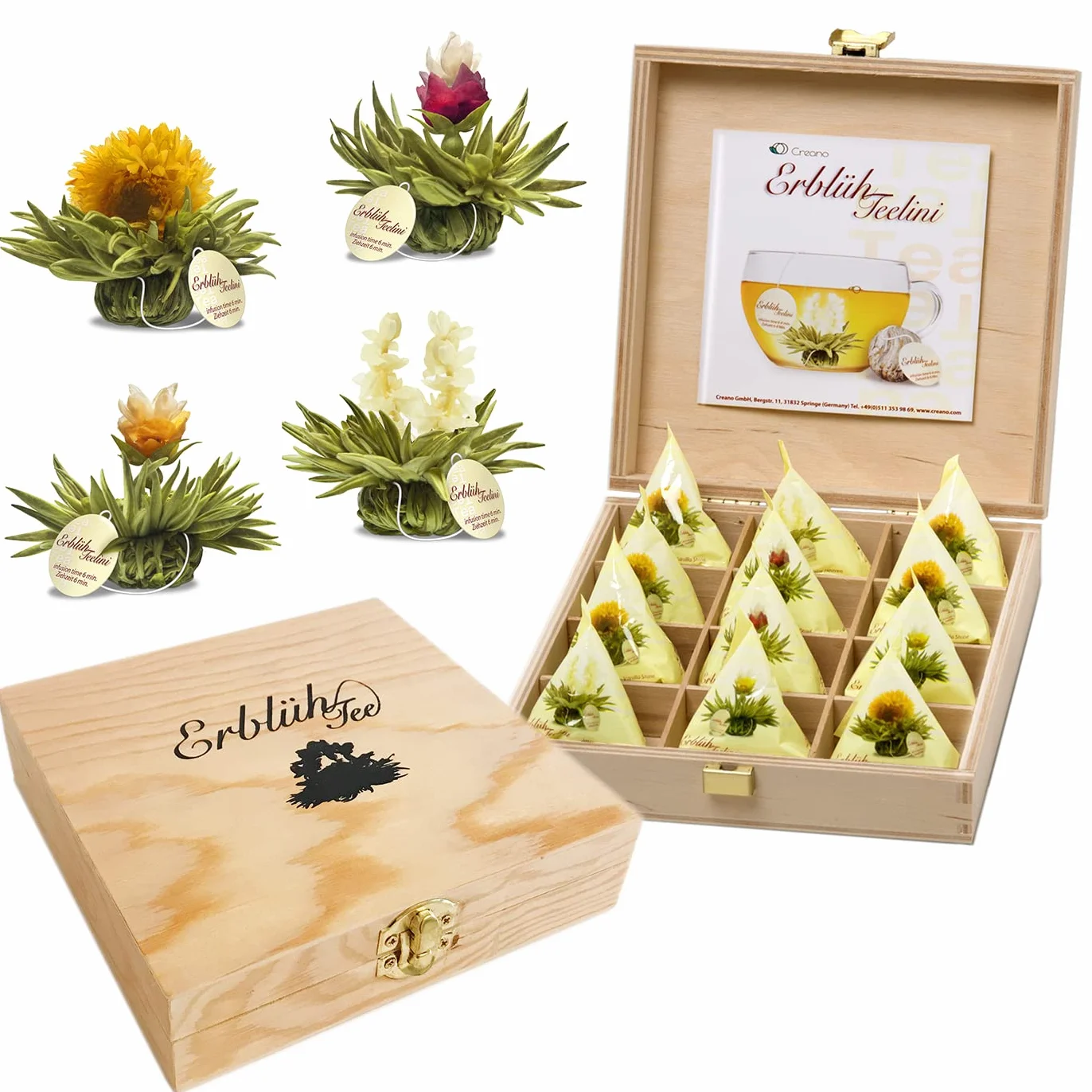 Creano Set Regalo Fiori di Tè Bianco "Tèlini" in Tazza – 12 Tè Fiorito in 4 Tipi Diversi in Elegante Scatola di Legno – Perfetto per Degustazione e Regalo Donna Uomo
