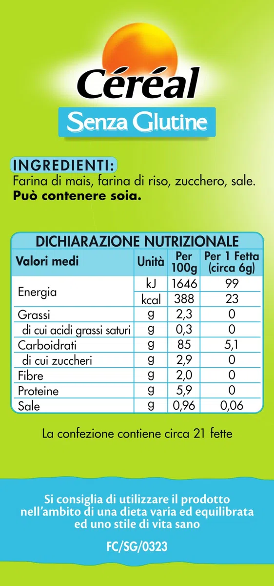 Céréal Fette Croccanti, Fette con Farina di Mais, Farina di Riso, Senza Glutine, Senza Lattosio, 125 gr, Formato 12 Confezioni