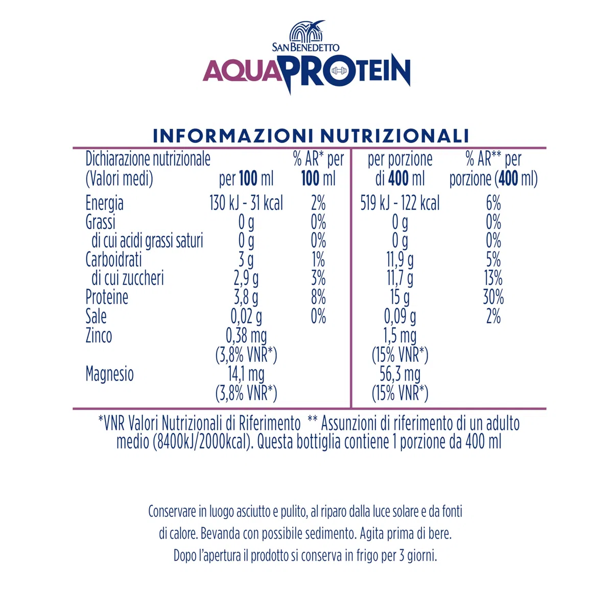 San Benedetto Aquaprotein, Bevanda con alto contenuto di proteine in Acqua Minerale, più Zinco e Magnesio, Proteine Ready to Drink, 12x400ml