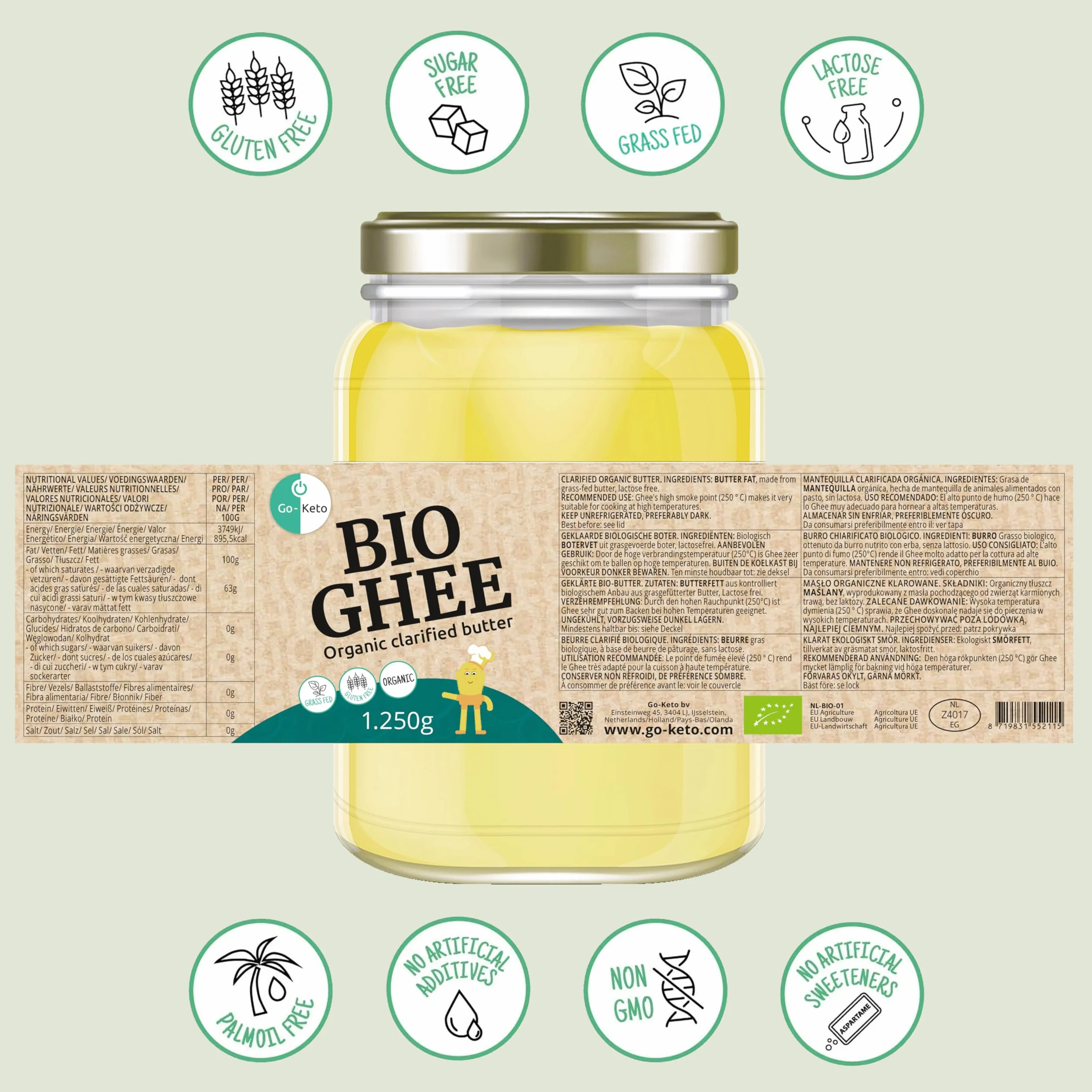 Go-Keto BIO Ghee, 1250g | Burro 100% chiarificato, certificato BIO, Ayurveda | perfetto per la dieta cheto | ideale per cuocere e arrostire | Senza lattosio, senza glutine, low carb