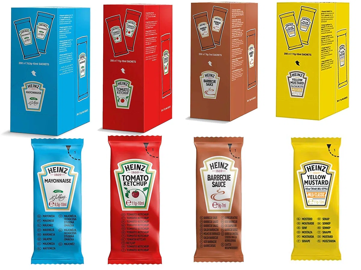 850 BUSTINE MONO PORZIONE HEINZ KETCHUP + MAIONESE + SALSA BARBECUE BBQ + SENAPE MONODOSE
