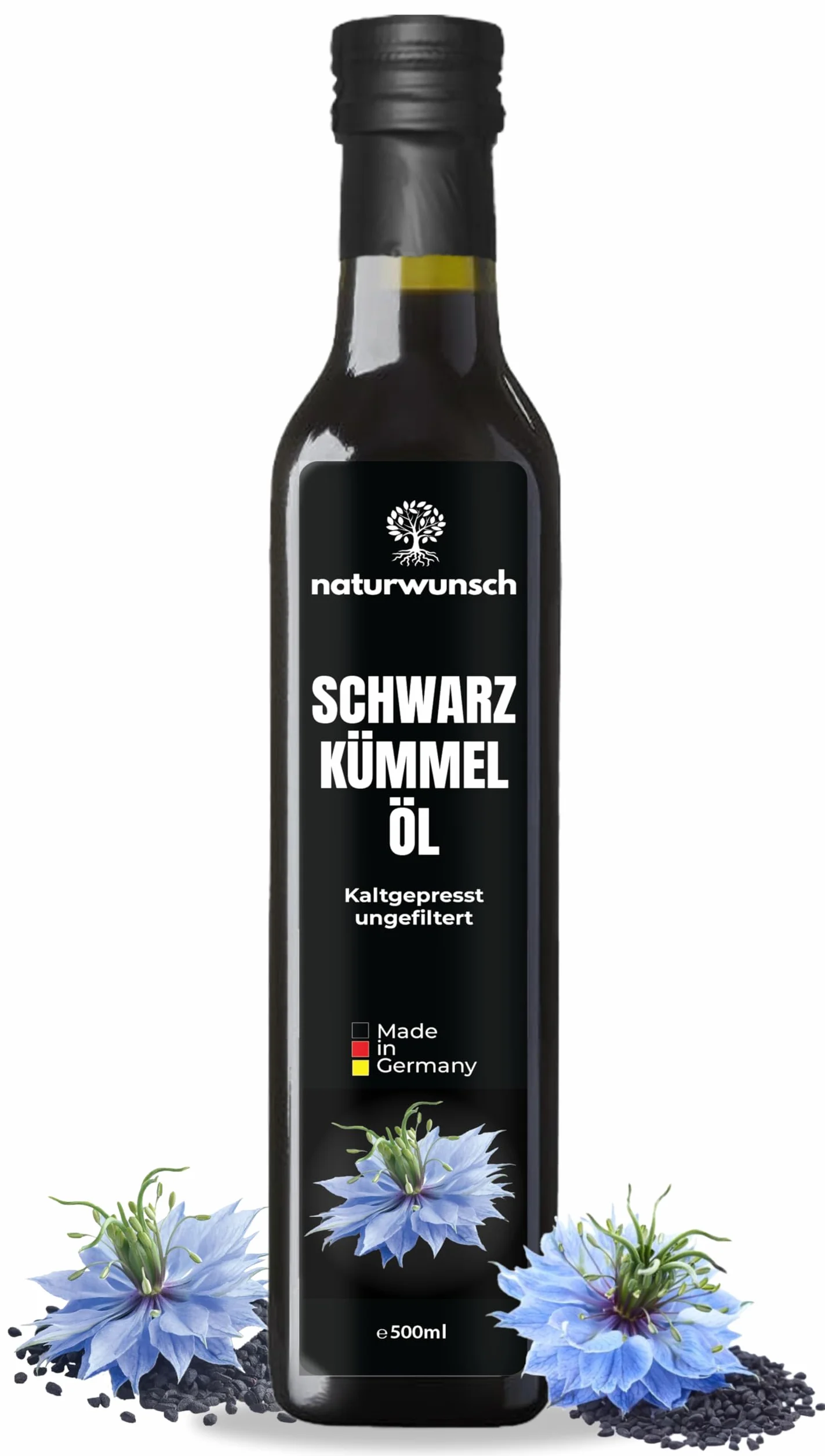 naturwunsch Olio di cumino nero, 500 ml, non filtrato, spremuto a freddo, prodotto fresco in Germania, originale Nigella Sativa