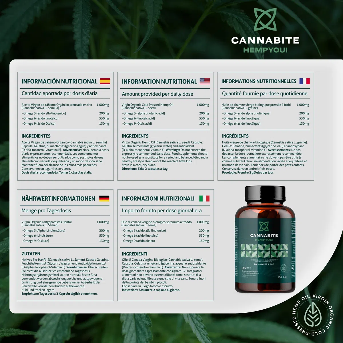 Omega 3, 6, 9 Vegetale - 365 Capsule Di Olio Di Semi Di Canapa Vergine, Spremuto A Freddo, Senza Additivi,