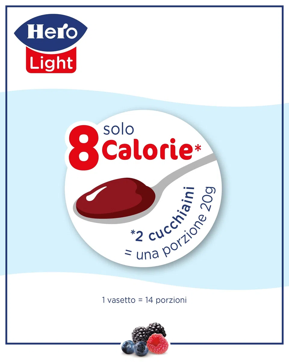 Hero Light Confettura di Frutti di Bosco Light, 8 Vasetti da 280 gr, Marmellata e Confettura Extra, Frutta di Alta Qualità, Senza Conservanti e Coloranti, Pochissime Calorie per Porzione