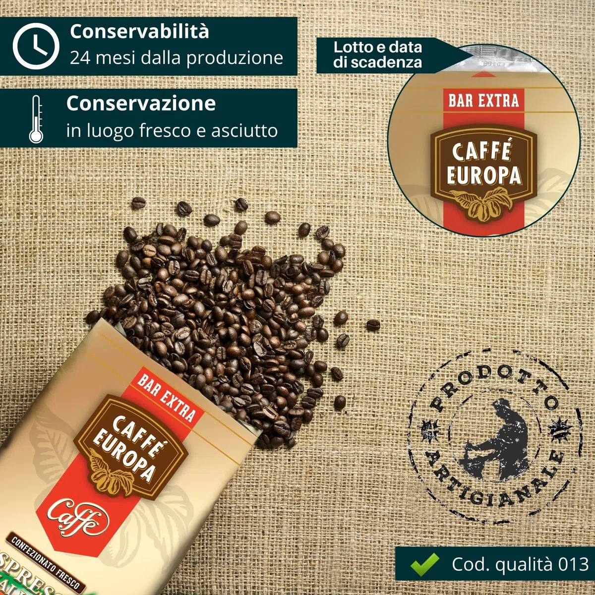 Caffè Europa – Caffè in Grani Miscela Bar Extra 50% Arabica 50% Robusta, Tostatura Artigianale Lenta – Espresso Italiano Cremoso e Intenso – Per Macchine Automatiche e Moka – 2 kg