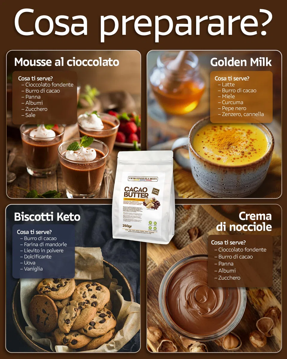 Cacao V Delta Burro Di Cacao Deodorato Alimentare e per Cosmesi 250g - Puro, Non Raffinato - Cheto, Paleo, Vegano, Senza Glutine - Per Dolci e Cioccolato - Antiossidanti, Acidi Essenziali