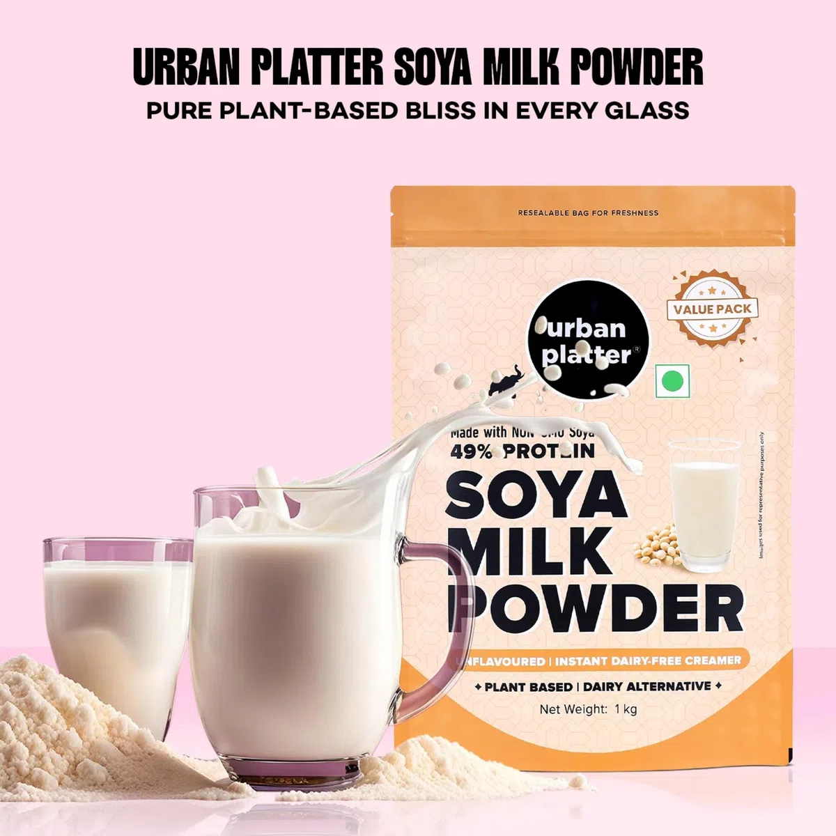 Latte di soia in polvere, 1 kg [alternativa a base vegetale/latte, non OGM e 49% di proteine]
