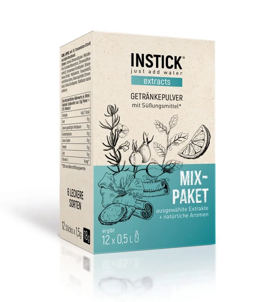 INSTICK Extracts bevanda istantanea senza zucchero (pacchetto misto) per 12 x 0,5 L polvere per bevande vegana a basso contenuto calorico con vitamina C per bevande calde e fredde