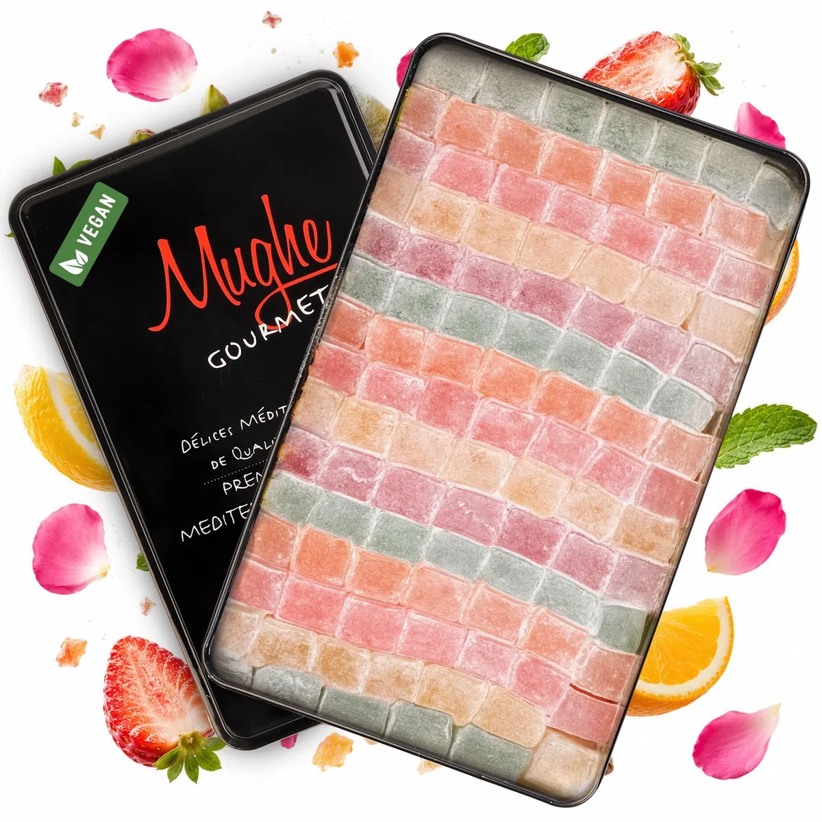 Mughe Gourmet Elegante Scatola di Latta di Caramelle Delizia Turca - 750g - Halal,Vegan Lokum con Gusti di Frutta Rosa, Fragola, Limone, Arancia, Menta - Perfette per Occasioni Speciali, Compleanni