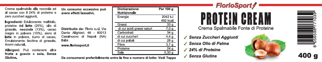 Crema Proteica Spalmabile Protein Cream FlorioSport, 3x400 g al 24% di Proteine Nocciola e Cacao | Senza Zuccheri Aggiunti