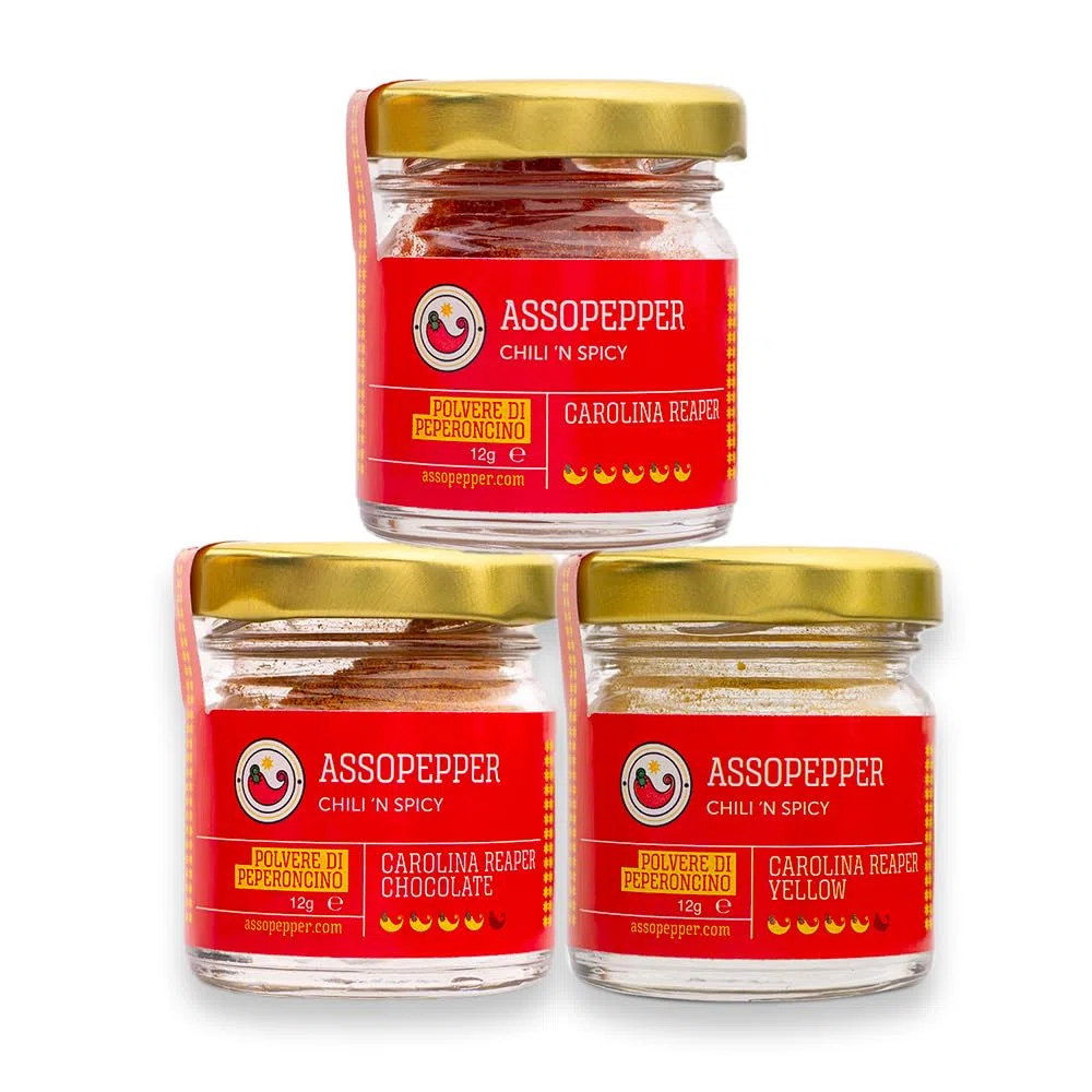 TRIS DI POLVERE DI PEPERONCINO CAROLINA REAPER RED YELLOW E CHOCOLATE 12g IN POLVERE SUPERHOT WORLD RECORD COME PIU' PICCANTE AL MONDO