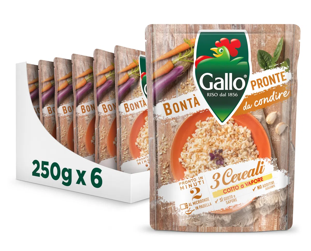 Riso Gallo Bontà Pronte 3 Cereali 6 x 250gr, Riso e MIx di Cereali, Cotto a Vapore, Pronto in 2 min al Microonde, in Padella