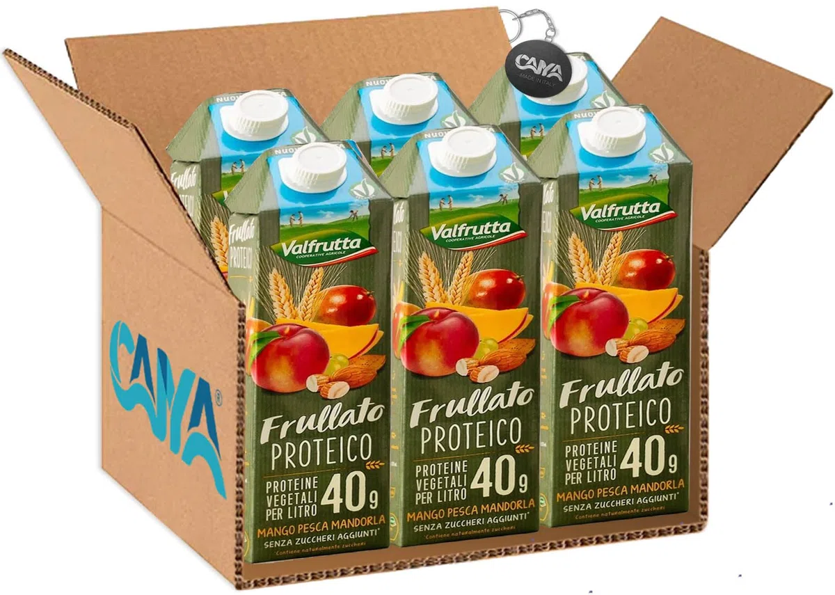Valfrutta Frullato Proteico Mix di Frutta e Proteine con Mango, Pesca e Mandorla 1L [CAIYA® BOX da 6 Brick]