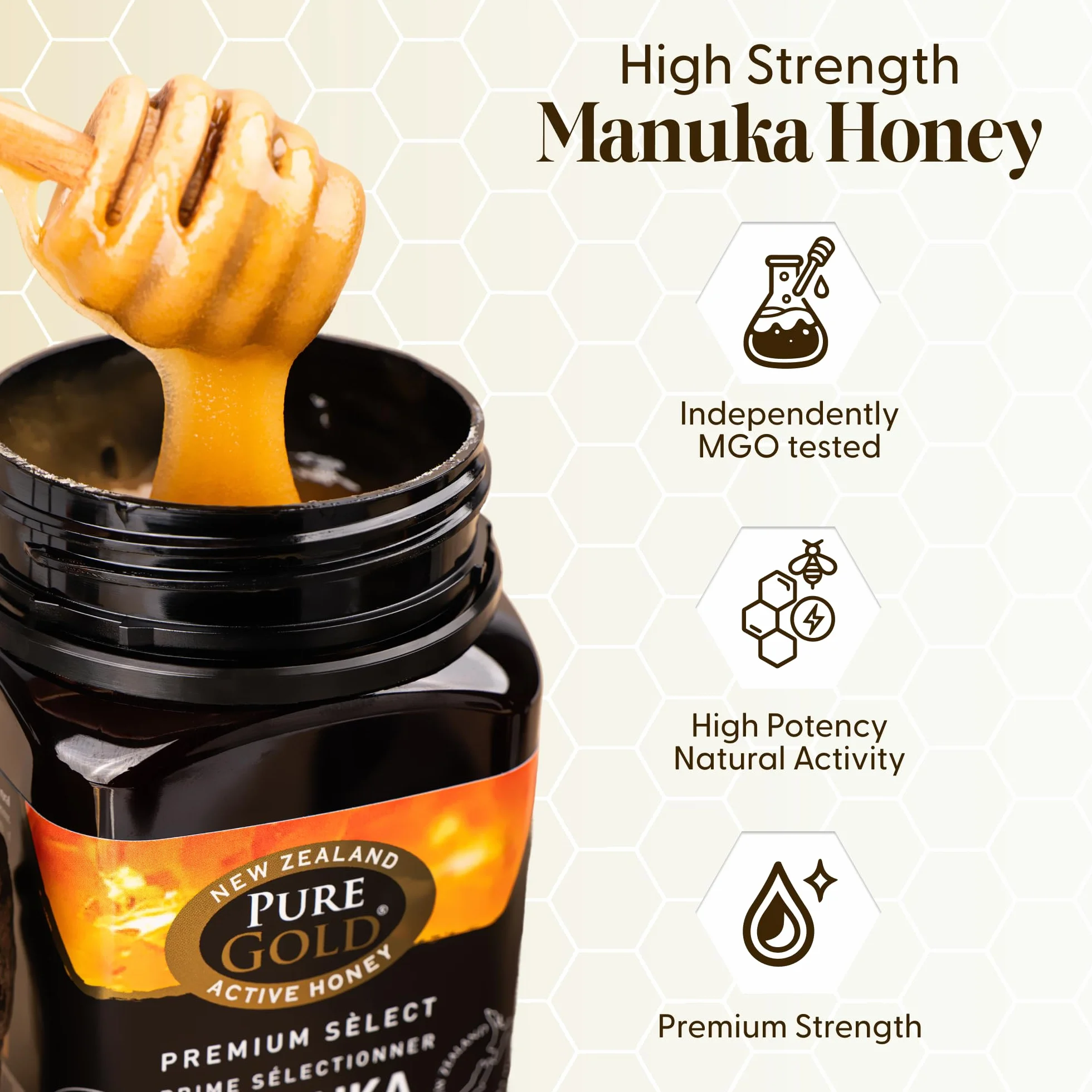 Pure Gold Miele di Manuka MGO 300+ - Invasettato e sigillato in Nuova Zelanda – Manuka Honey Premium Certificato – Puro Miele di Manuka – 250g