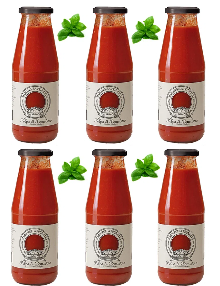 Mariangela Prunotto - Una Delizia Albese - Frutticultori in Alba dal 1863 (MA7JQ) Azienda Agricola - N. 6 Bottiglie Polpa Di Pomodoro Biologica Con Foglia Di Basilico G (6xg), Originale, 690 Grammo