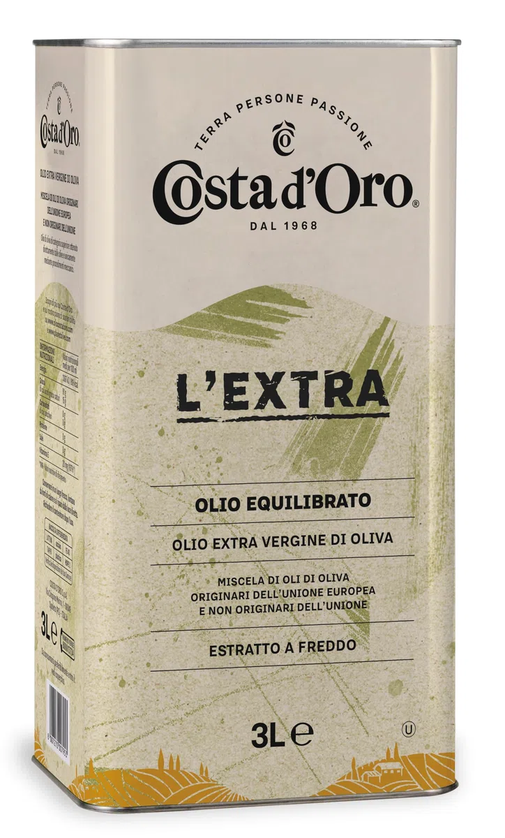 Costa d’Oro – L’Extra 3L. Olio Extravergine di oliva estratto a freddo. Sapore equilibrato, adatto a tutte le ricette e come condimento per insalate. Latta da 3 litri.