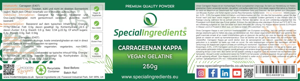 Special Ingredients Kappa-Carrageenan Pulver 250g Höchster Qualität, Vegan, GVO-frei