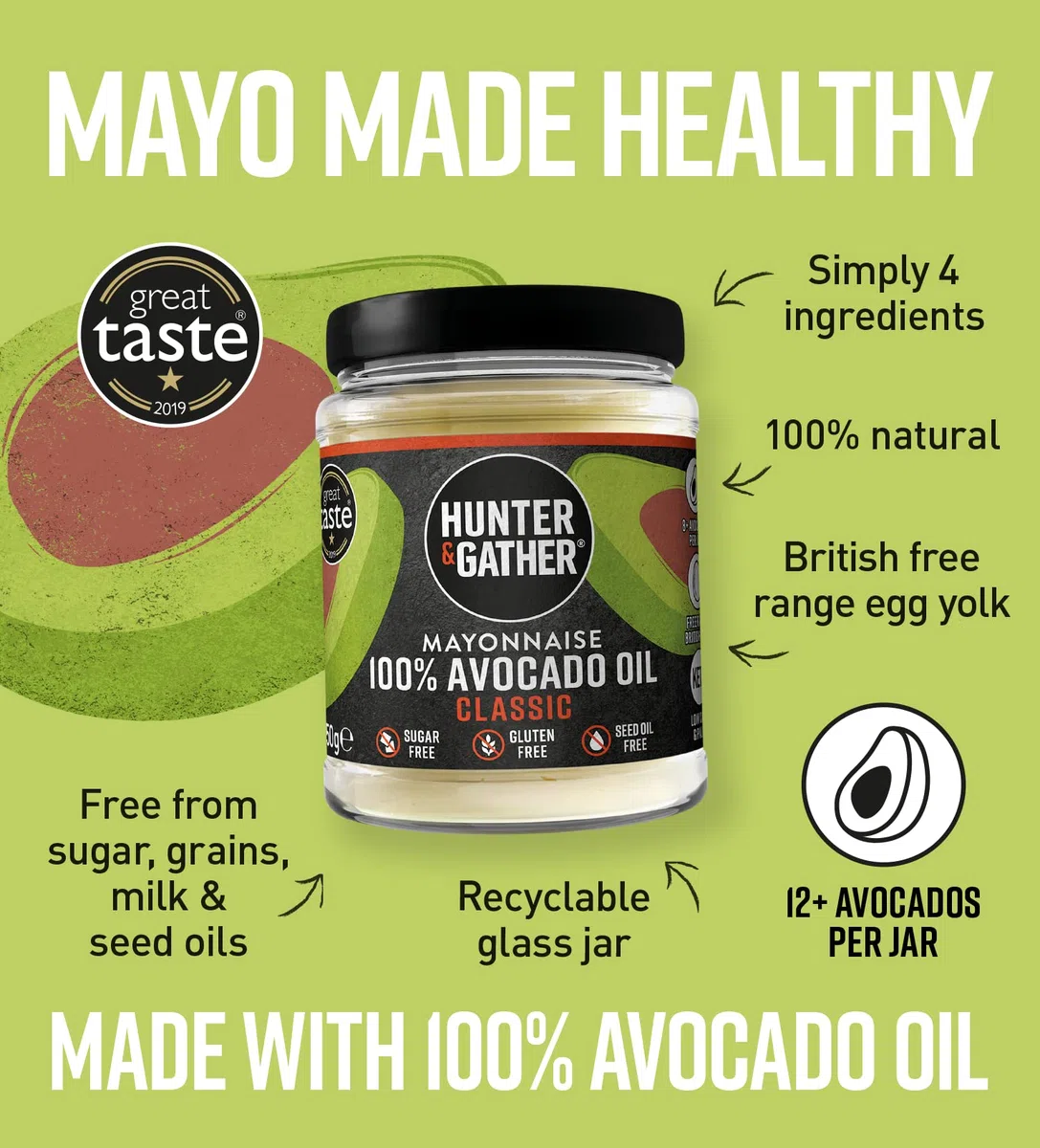 Hunter & Gather Maionese all'Olio di Avocado 250g | Realizzata con Puro Olio di Avocado e Uova da Allevamento all'Aperto | Paleo, Cheto, Senza Zucchero e Senza Glutine