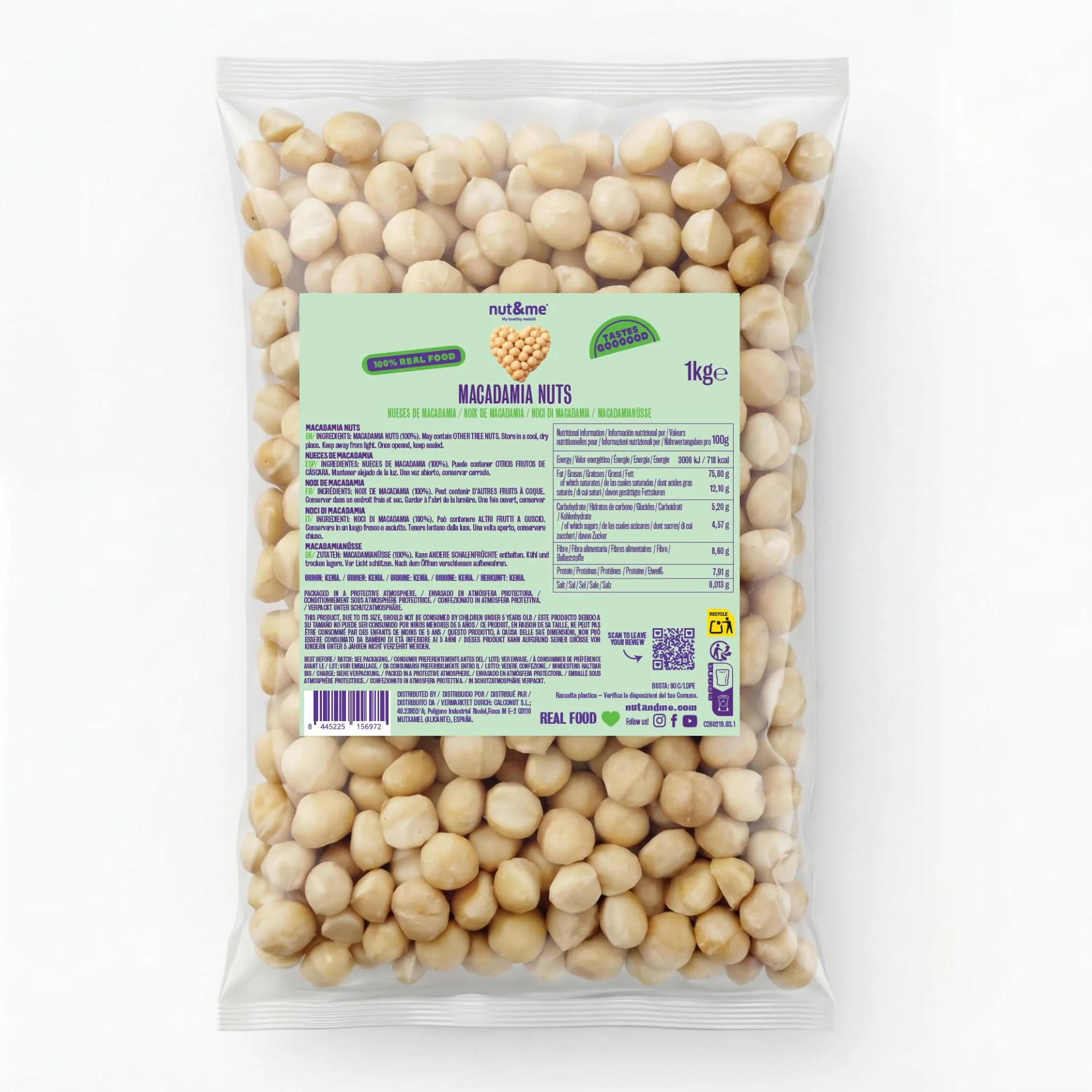 nut&me Noci di Macadamia 1 Kg | Noci Macadamia Intere Sgusciate | Senza Glutine né Additivi | Ideali per Snack, Pasticceria, Granola, Insalate e Ricette Dolci