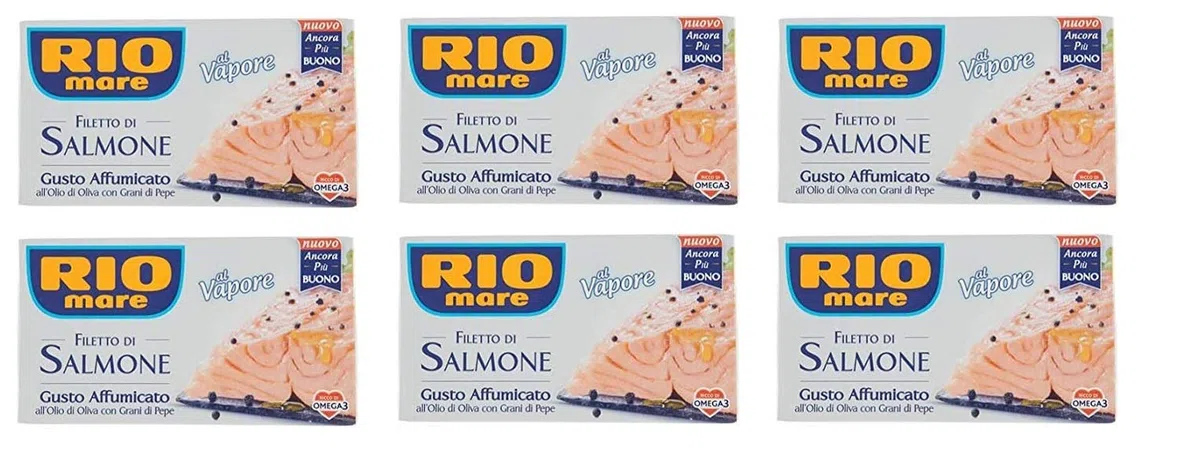 6X Rio Mare Filetto di Salmone al vapore Gusto Affumicato all'Olio di Oliva con Grani di Pepe Filetto di Salmone al Vapore Gusto Affumicato con Olio di Pepe 125g
