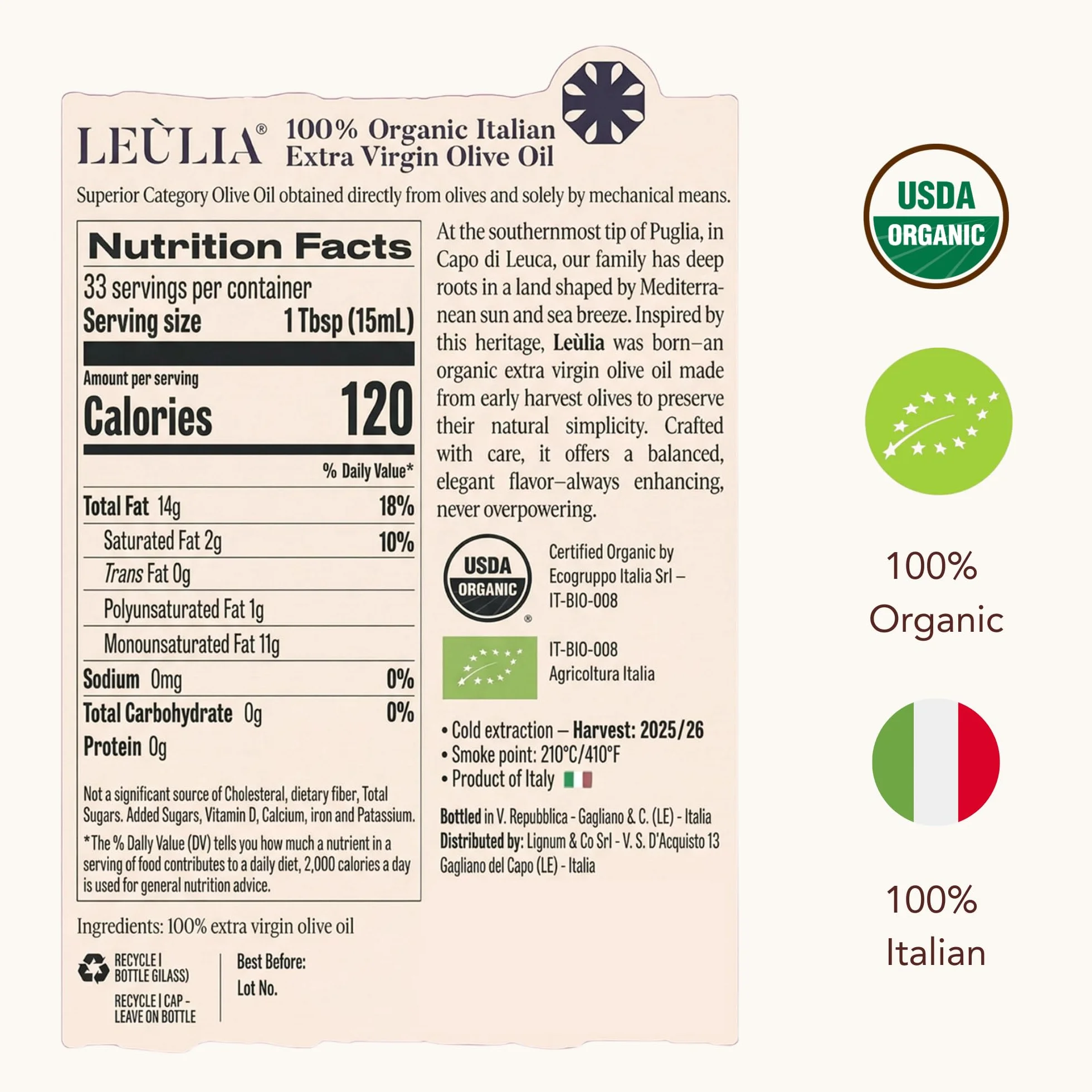 Leùlia Olio Extravergine di Oliva Biologico Italiano 2025-2026 - Bottiglia premium in vetro da 500 ml con astuccio