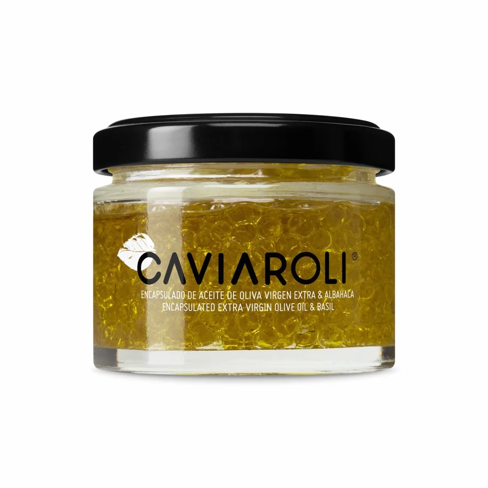 Caviaroli - Sferificazione di Olio d' Oliva Extra Vergine - Perle Gelificate Gourmet per Condimenti e Decorazioni, Caviale d'Olio in Pack 3 Sapori, Olio, Peperoncino e Basilico - 3x20g