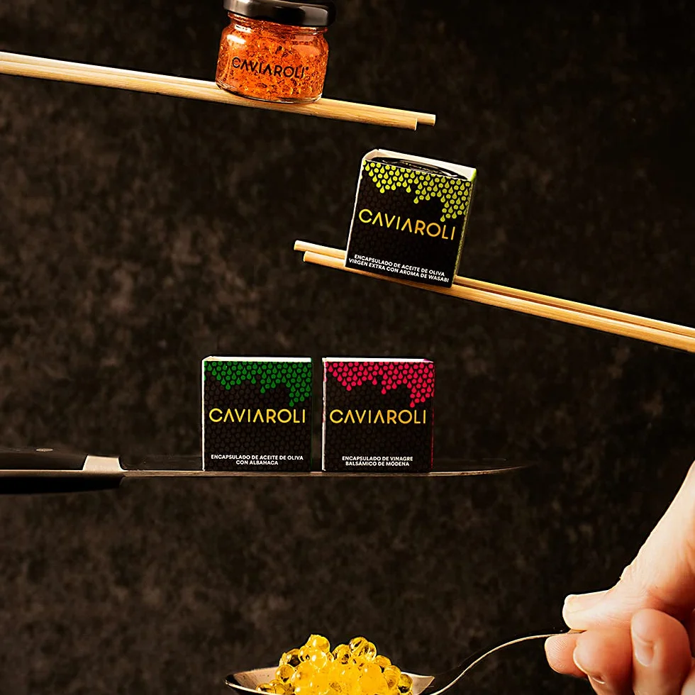 Caviaroli - Sferificazione di Olio Extra Vergine e Aceto - Perle Gelificate Gourmet per Condimenti e Decorazioni, Pack 5 Sapori, Olio, Peperoncino, Basilico, Wasabi e Aceto di Modena - 3x20g