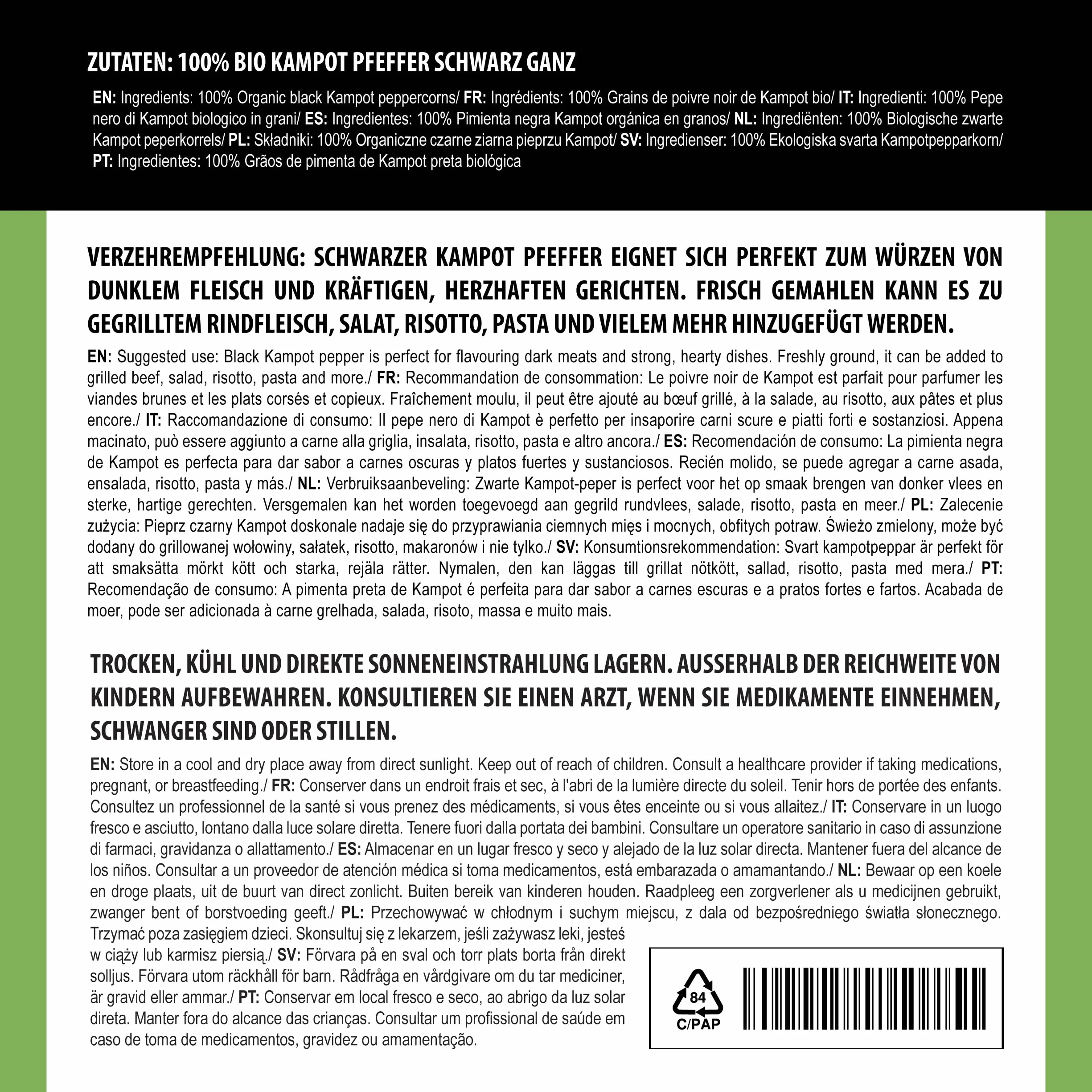 Alpi Nature Pepe Nero di Kampot BIO 200g, Grani di Pepe di Kampot Biologico Interi per Cucinare