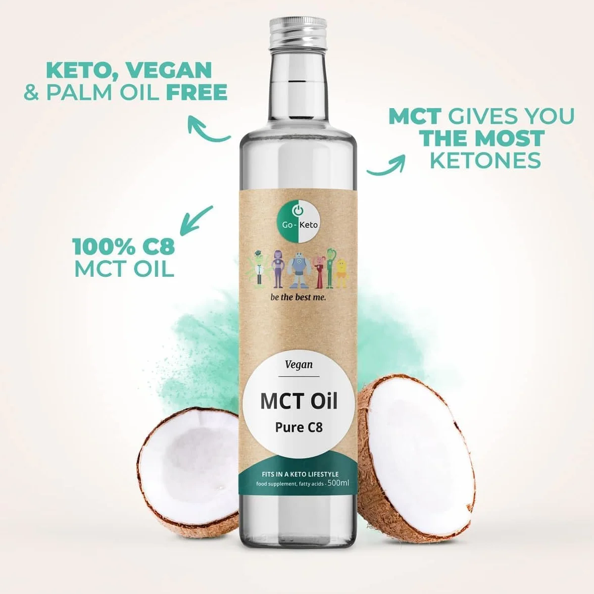 Go-Keto MCT Oil C8, 500ml | Olio MCT C8, 100% olio di cocco, senza olio di palma | perfetto per dieta chetogenica | crema di caffè cheto, per bulletproof coffee o frullato cheto | vegano