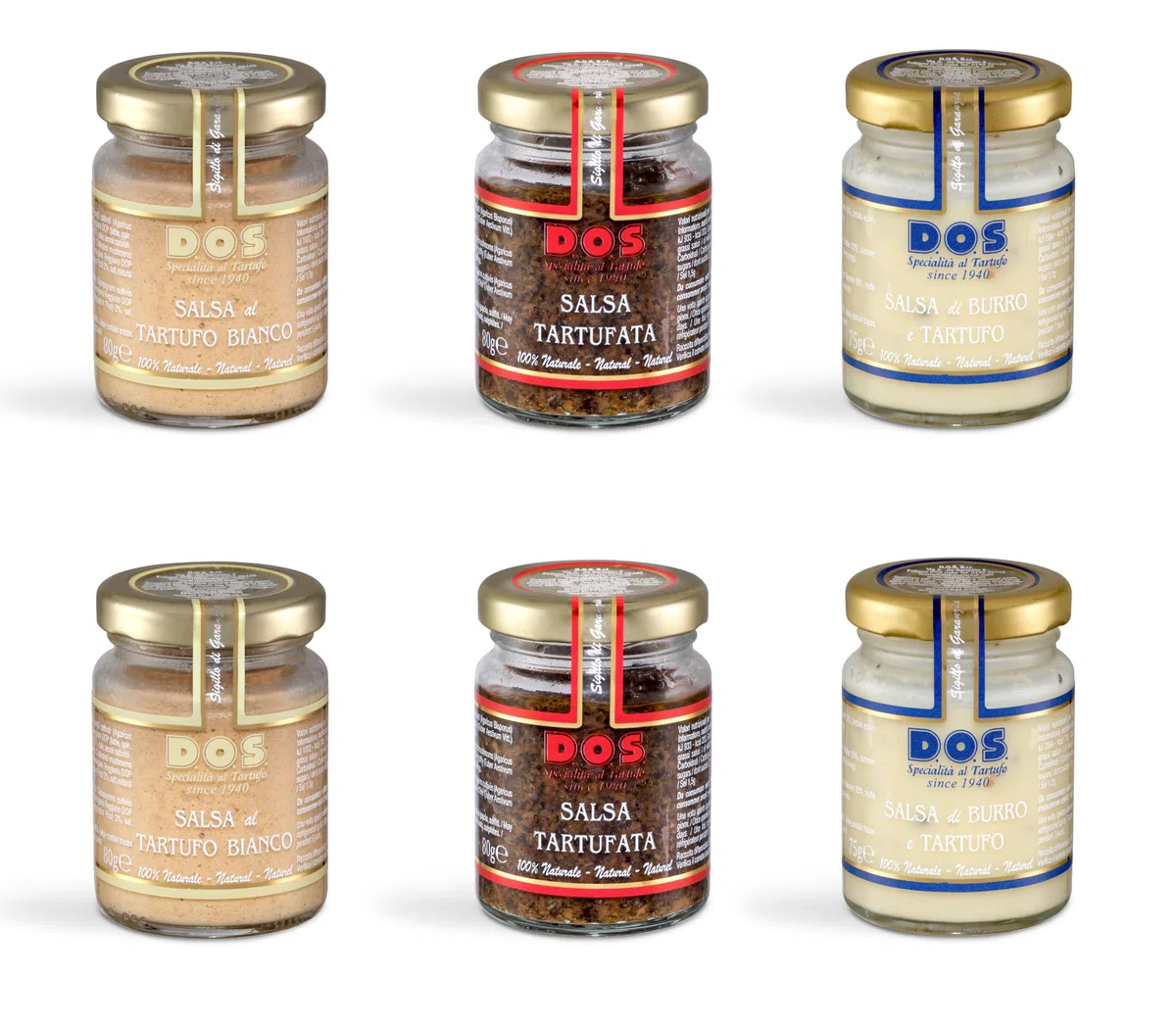 D.O.S. Specialità al Tartufo since 1940 - Salse al Tartufo Estivo e Bianco Artigianali | Confezione Gourmet da 6 Vasetti | Senza Glutine | Perfette per Pasta, Risotti, Bruschette, 80g x 6