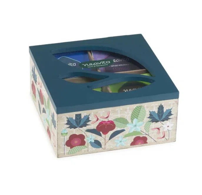 Tisana Collection - Cofanetto in Legno Azzurro 4 scomparti con 20 Tisane e Infusi Bio in Filtro Tisane 100% biologiche con materie prime di alta qualità