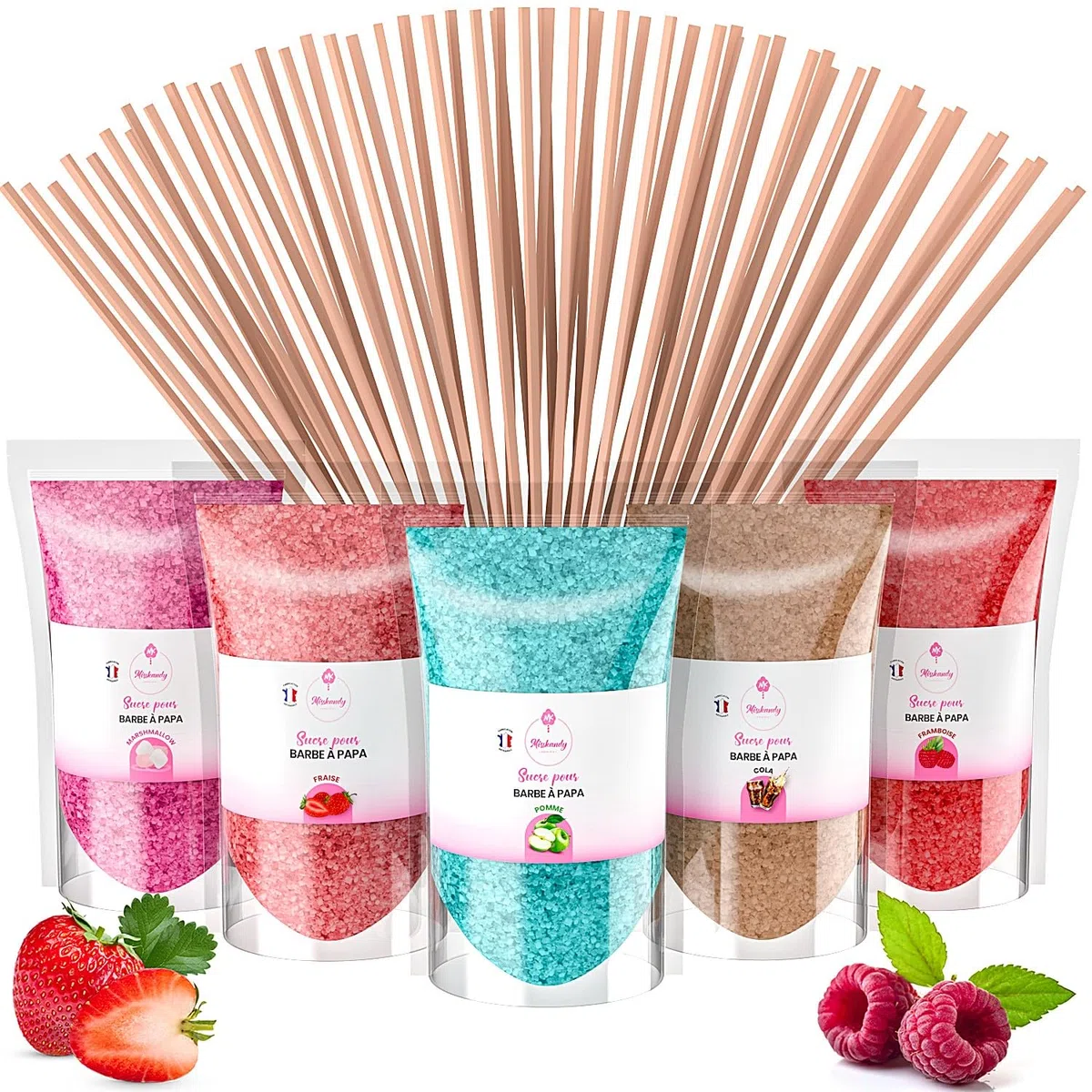 Misskandy® Zucchero per Zucchero Filato (5x160 gr) - Set di 5 Gusti (Fragola/Cola/Mela/Marshmallow/Lampone) - Aromi e Colori Naturali - 20 Bastoncini - MADE IN FRANCE