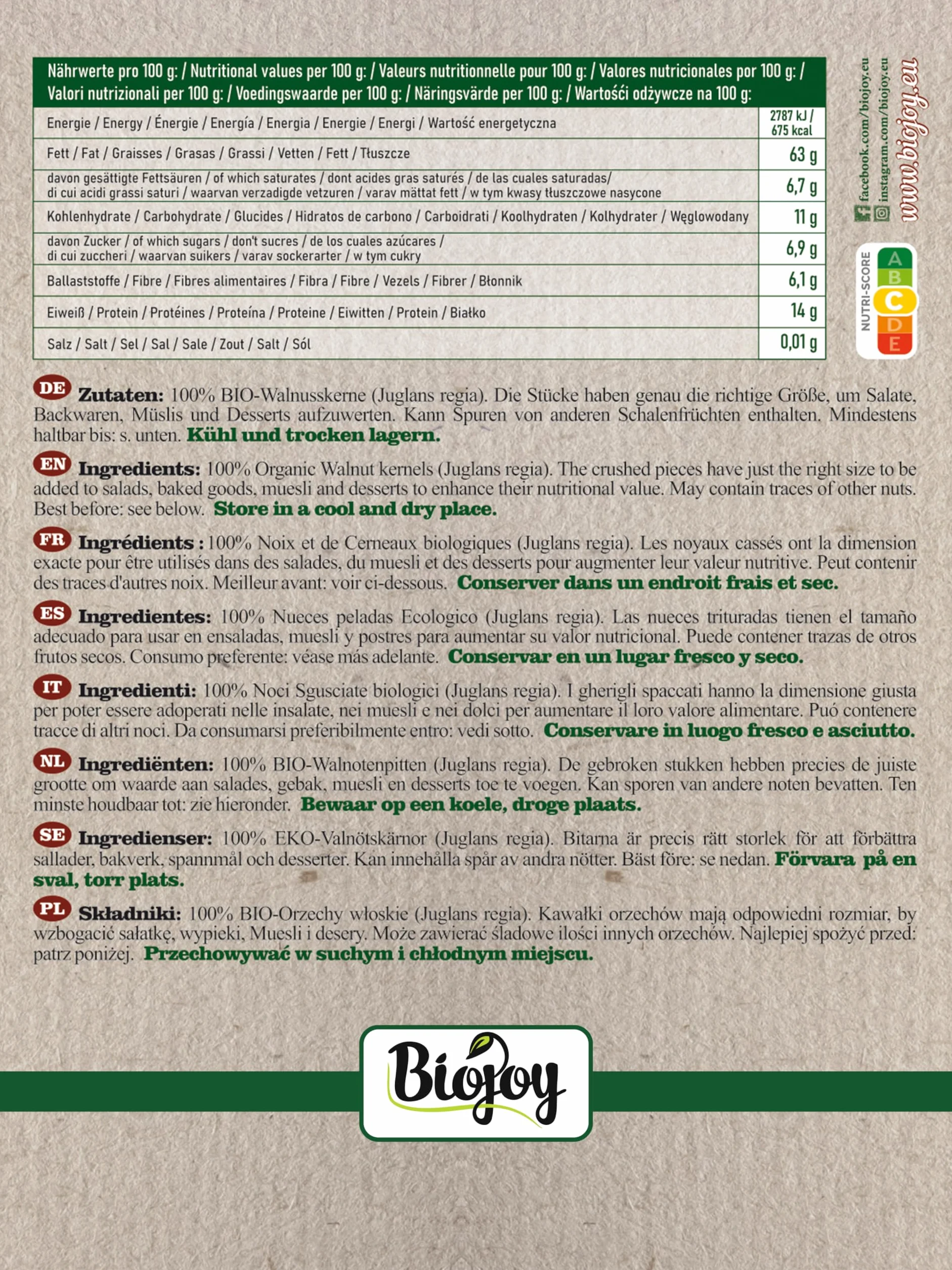 Biojoy Noci Sgusciate BIO spezzati (1 kg), crudi (Juglans regia)
