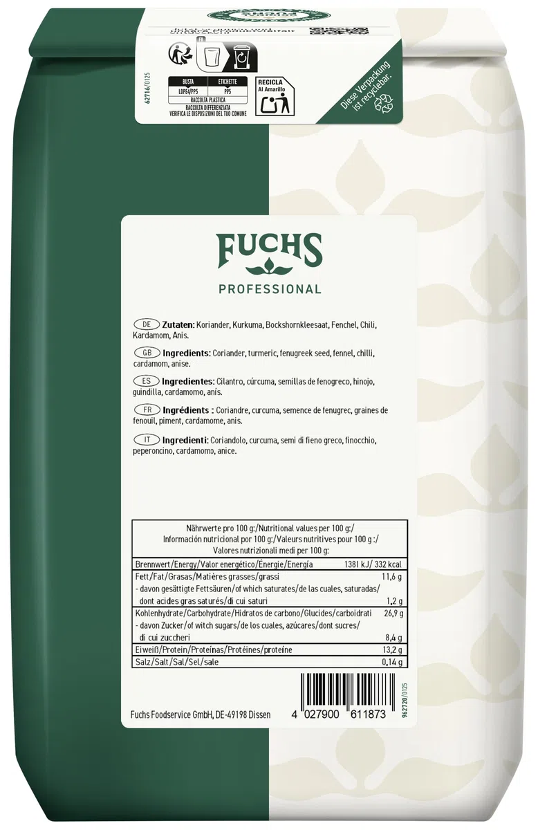 Fuchs Professional - Curry Madras | 1 kg in sacchetto riciclabile | Per piatti delicati al curry come zuppe, salse o piatti a base di riso | Qualità professionale per professionisti Ho.re.ca
