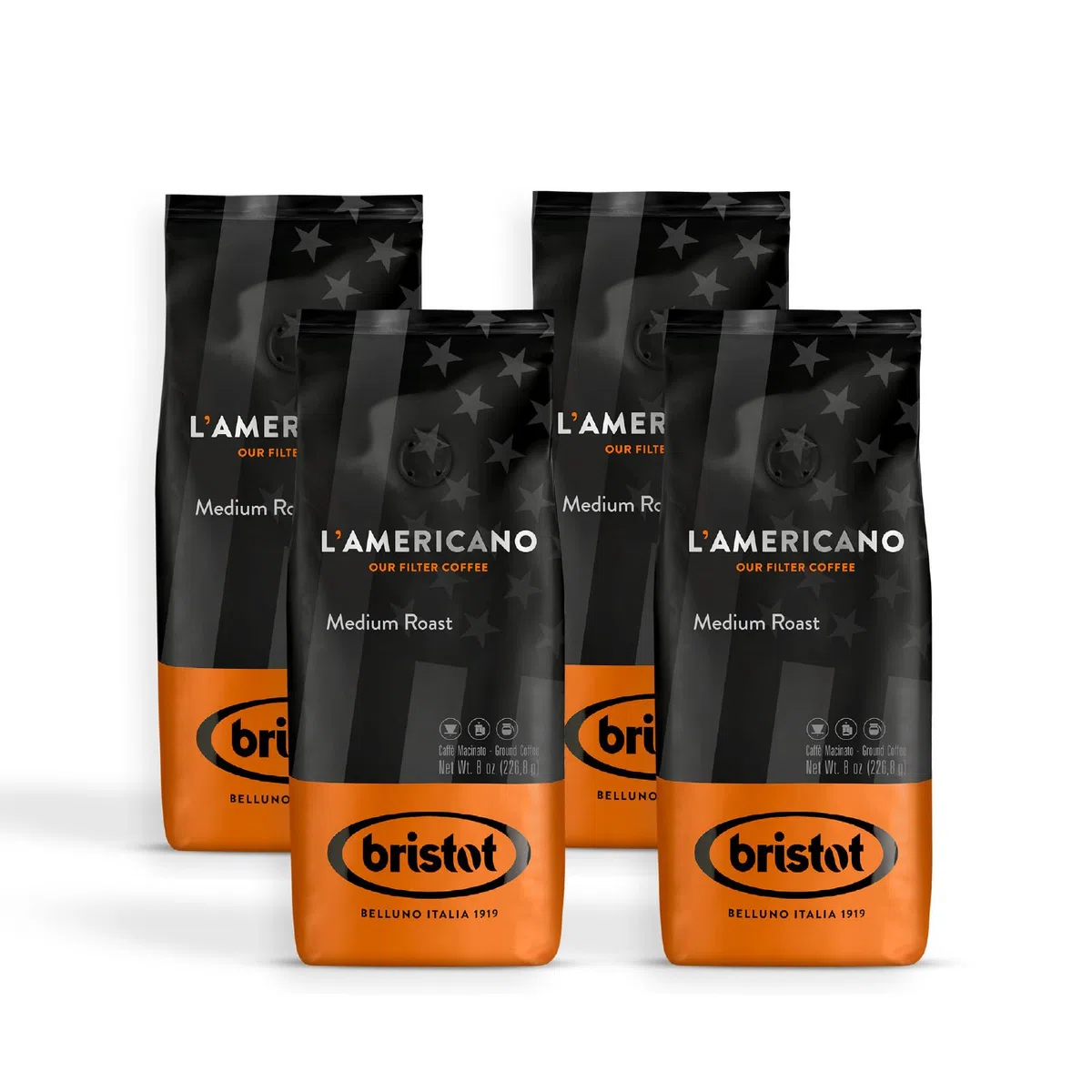 Bristot, Caffè Macinato L’Americano Medium Roast - Miscela per Caffè Americano da Brasile e Sud Est Asiatico, Note di Cioccolato, Spezie e Cacao - Set da 4 Confezioni da 226g (Totale 904g)