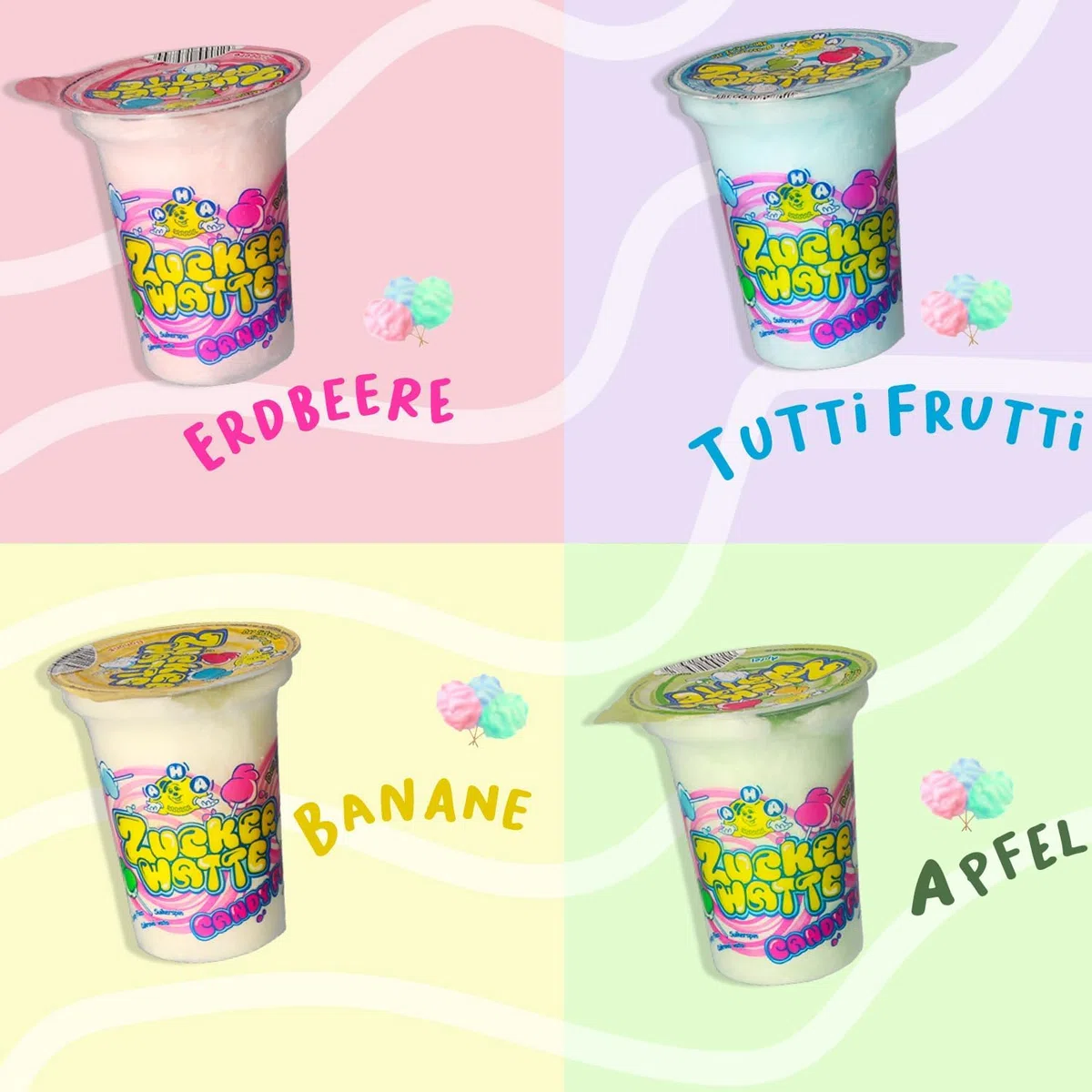 AHA Zucchero filato 4 varietà colorate, 36 x 20 g, in tazza, qualità premium, confezione di scorte, 4 gusti come al mercato annuale, per feste, casa, feste in giardino, celebrazioni