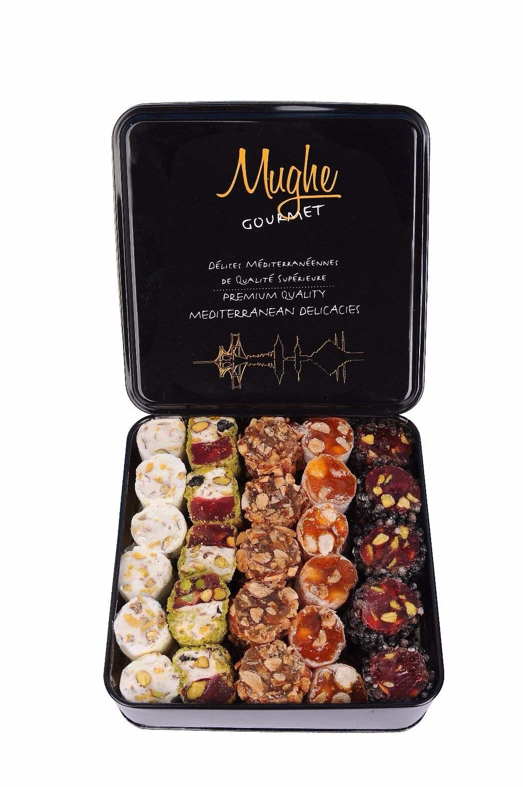 Mughe Gourmet - Delizie di Lokum con Pistacchi Sultan - Elegante Scatola Regalo di Lusso - Pistacchio, Arancia, Nocciola e Mandorle - 1000g - Halal e Vegetariano - Perfetta per Compleanni, Natale