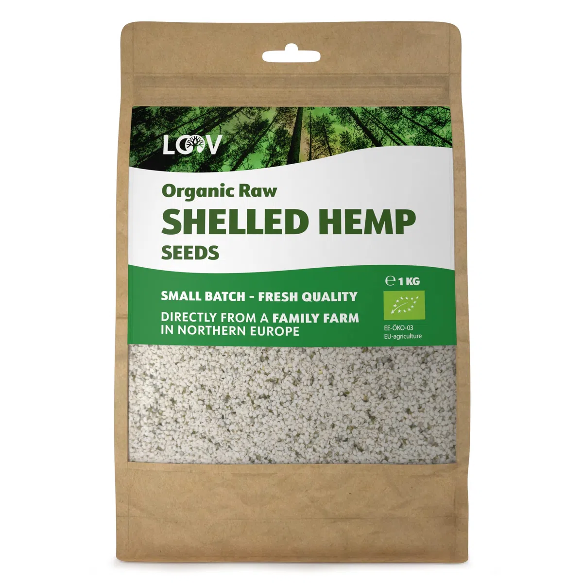 LOOV Semi decorticati di canapa biologica, cuori di canapa, 1 kg, non trattati termicamente, tutti i nutrienti preservati, coltivazione in clima nordico, fonte di proteine e acidi grassi omega