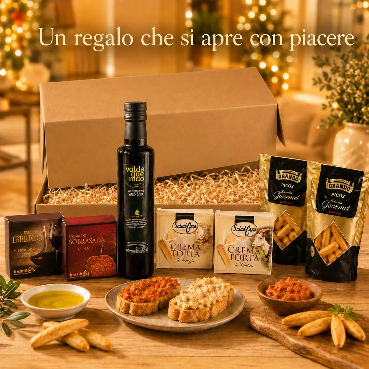 Cesto Gourmet Spagnolo · Salumi e Formaggi Iberico con Vino Tinto 75 cl, AOVE 250 ml, Jamón, Chorizo e Salchichón · Idea Regalo Natale, Pasqua, Compleanno, Aziendale (Mini EVOO, Cesto)