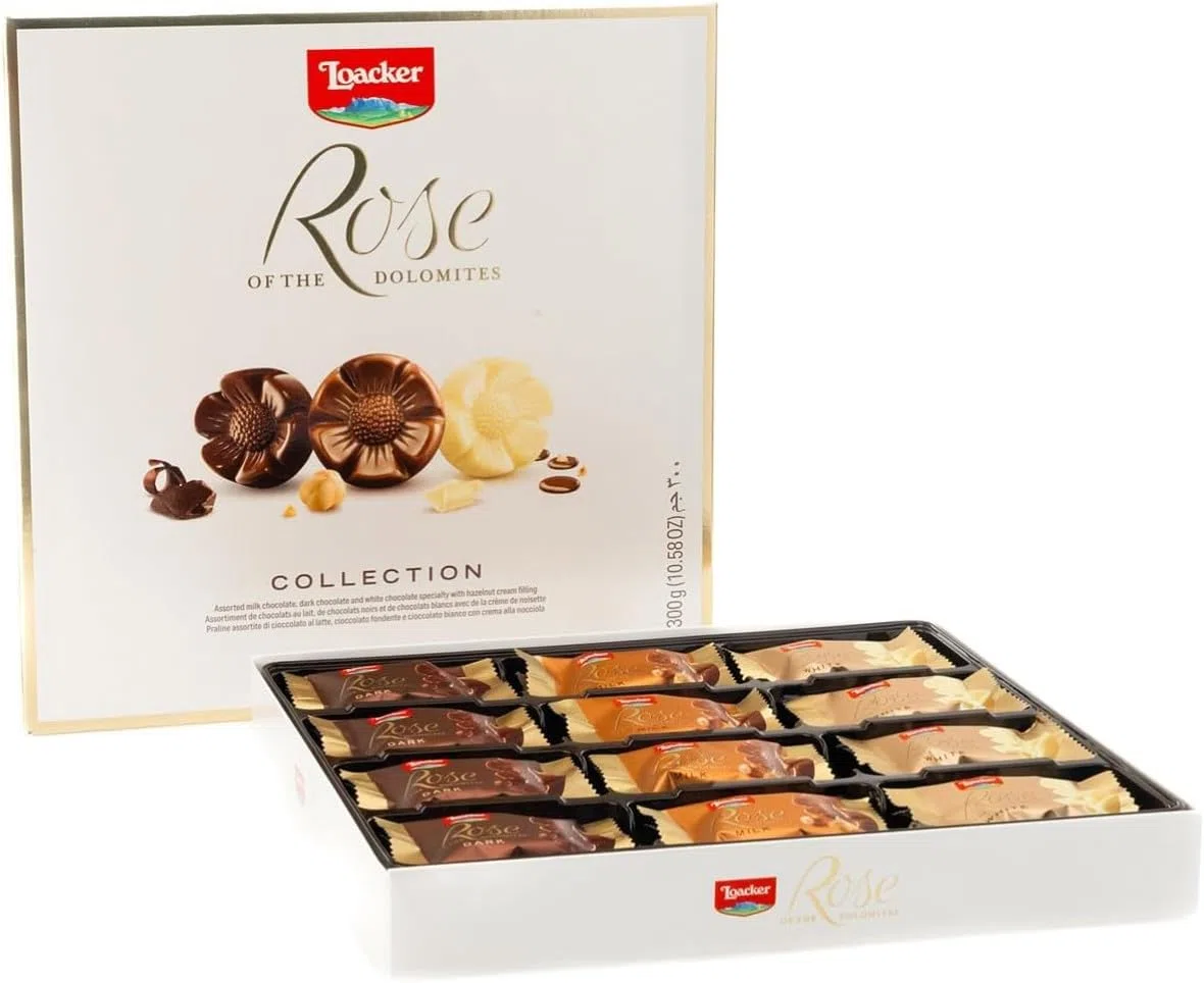 Loacker, Rose of the Dolomites Selection, Mix di Praline al Cioccolato Fondente, Bianco e al Latte, Cialde Wafer, Crema di Nocciole Tostate, Merenda e Snack, Confezione da 24 Cioccolatini Monoporzione